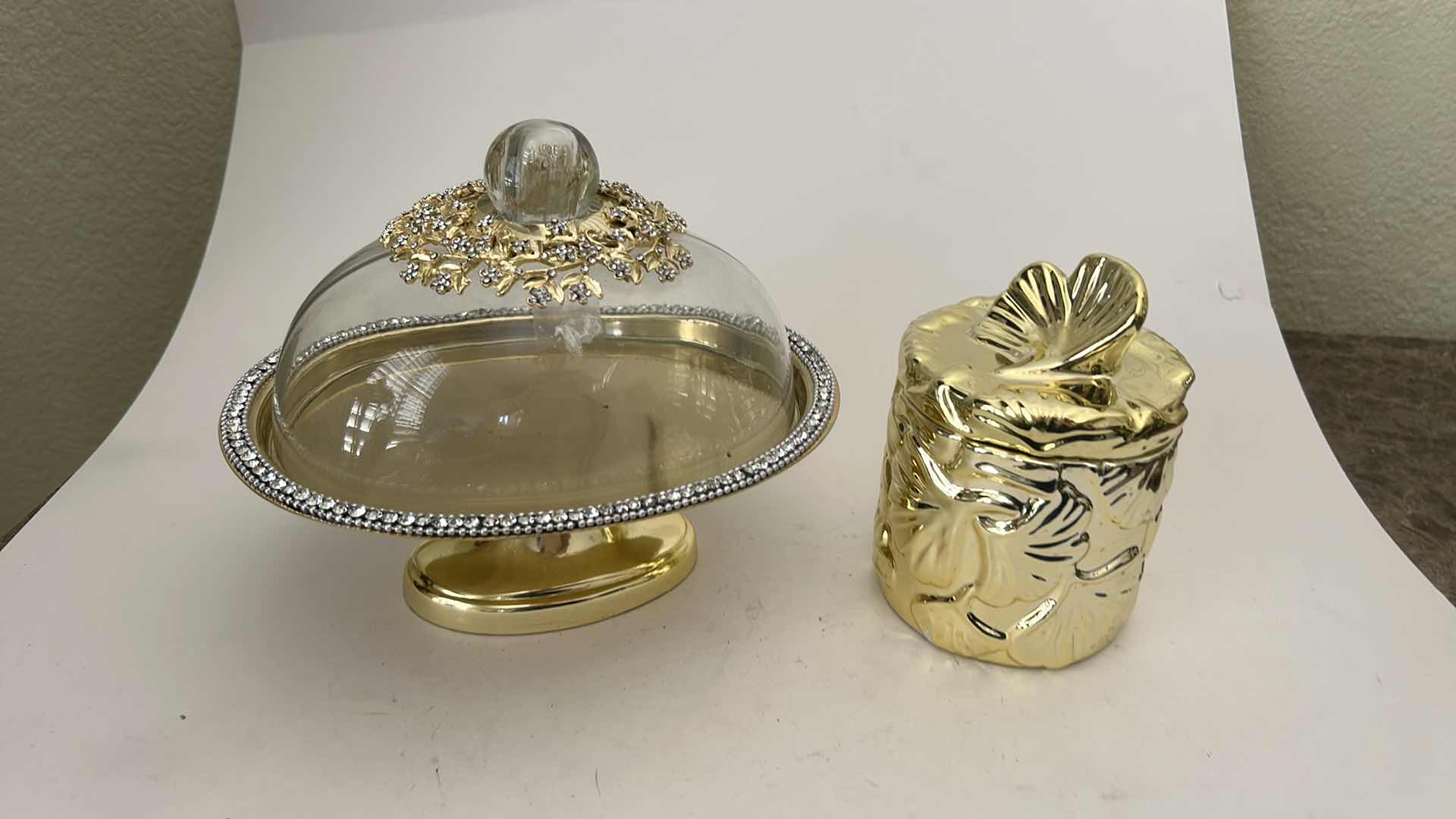 Photo 1 of CRYSTAL-ACCENTED GLASS DESSERT STAND H 7” & GOLD TONE LIDDED CANISTER WITH SHELL TOPPER