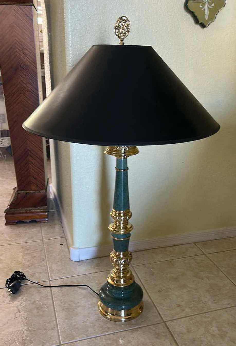 Photo 1 of VINTAGE STIFFEL TABLE LAMP FEATURES A DISTINCTIVE GREEN MARBLE COLUMN PAIRED WITH POLISHED BRASS ACCENTS AND A LARGE BLACK EMPIRE SHADE. H36”