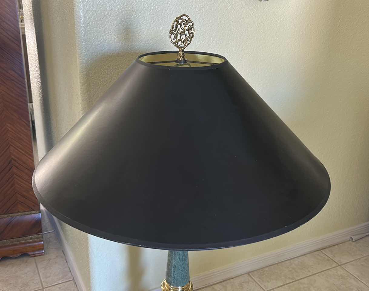 Photo 1 of VINTAGE STIFFEL TABLE LAMP FEATURES A DISTINCTIVE GREEN MARBLE COLUMN PAIRED WITH POLISHED BRASS ACCENTS AND A LARGE BLACK EMPIRE SHADE. H36”