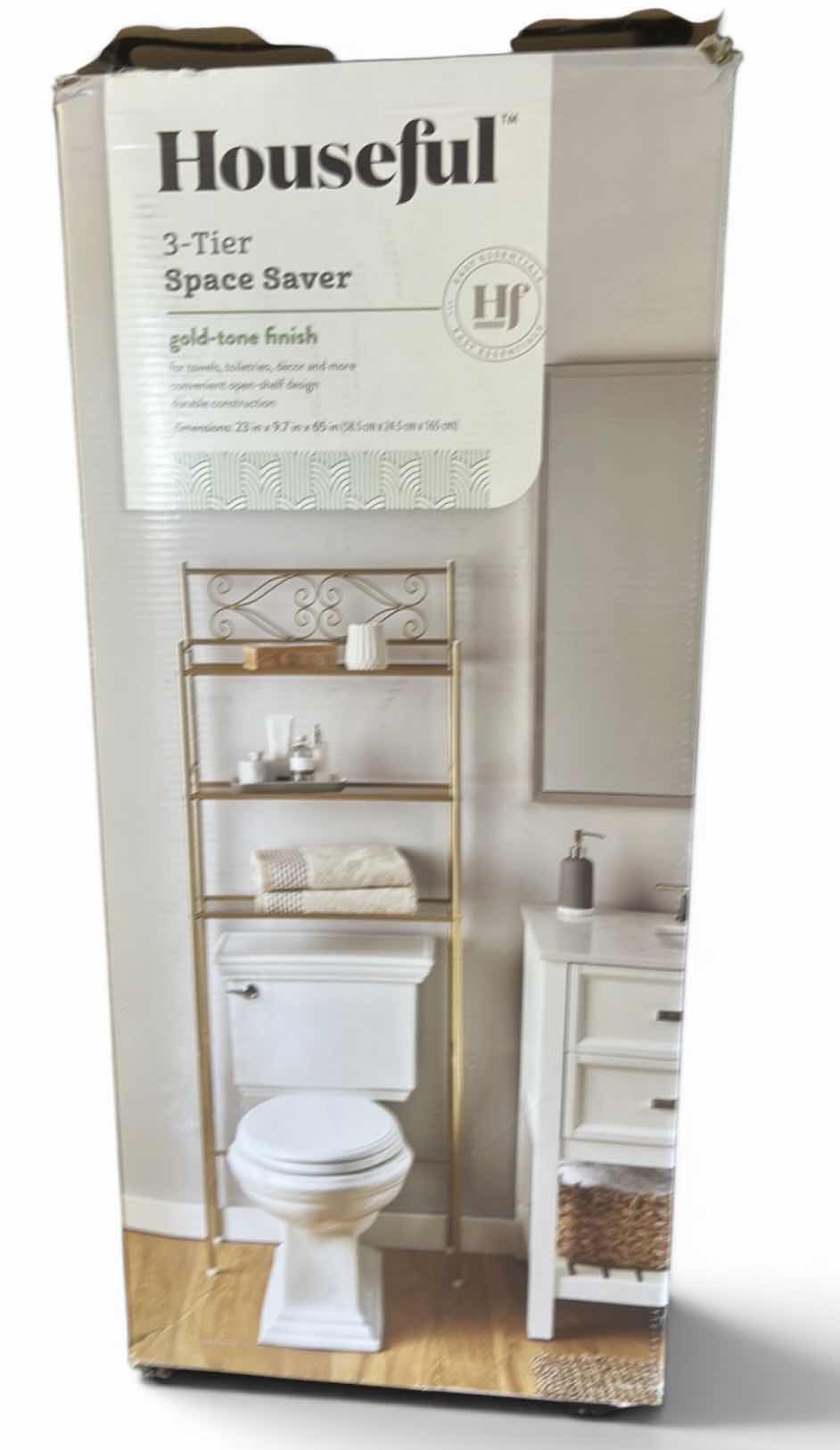View 1 of NEW IN BOX HOUSEFUL 3-TIER SPACE SAVER FEATURES A GOLD-TONE METAL FINISH