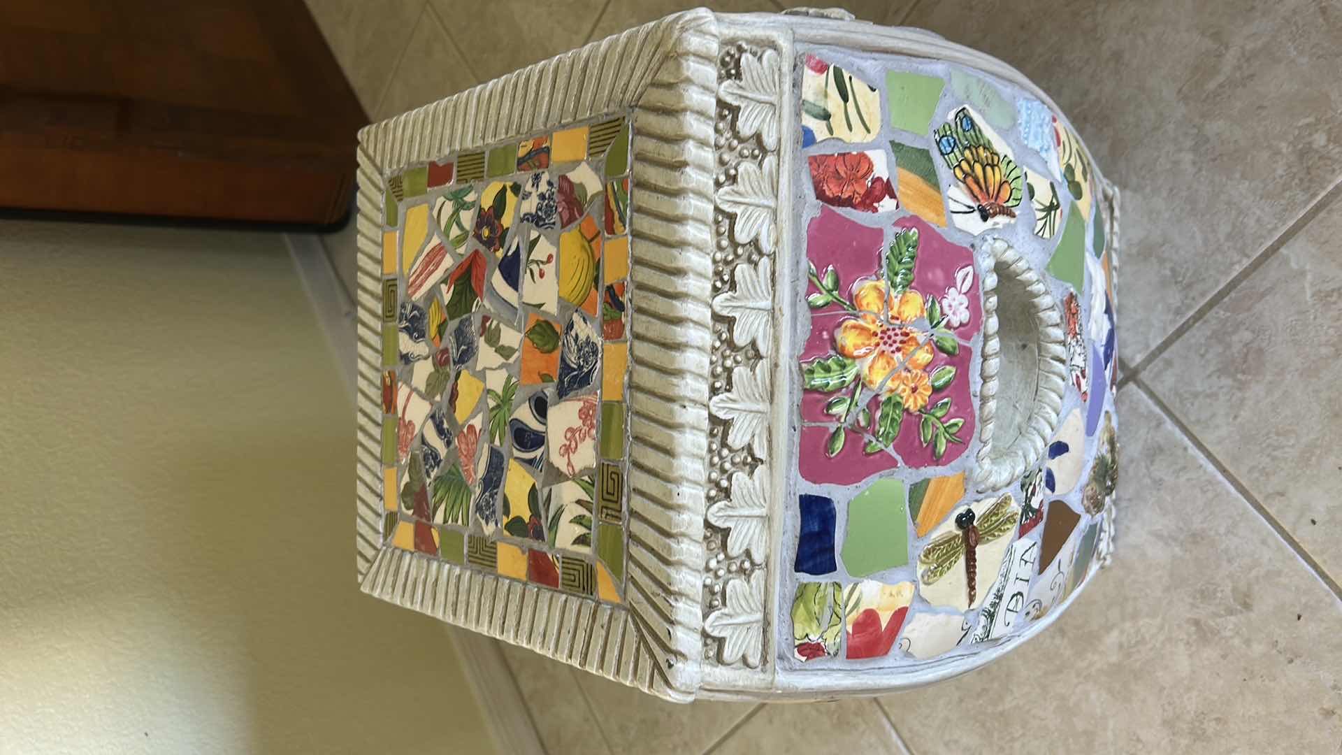 Photo 1 of MOSAIC CERAMIC GARDEN STOOL FEATURES A VIBRANT, ECLECTIC PATTERN OF COLORFUL POTTERY SHARDS ARRANGED IN A DECORATIVE MOSAIC DESIGN. H17”