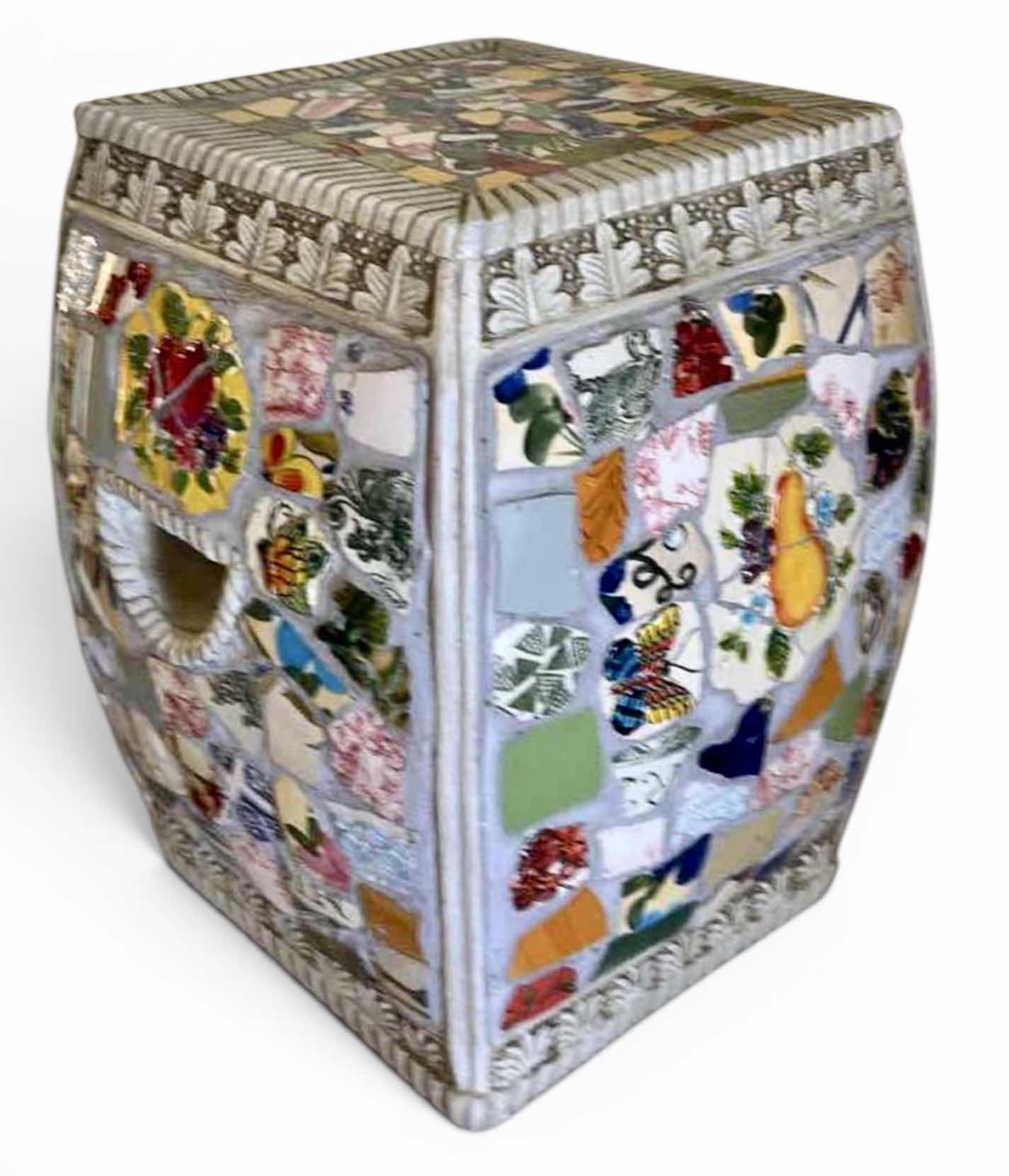 Photo 1 of MOSAIC CERAMIC GARDEN STOOL FEATURES A VIBRANT, ECLECTIC PATTERN OF COLORFUL POTTERY SHARDS ARRANGED IN A DECORATIVE MOSAIC DESIGN. H17”