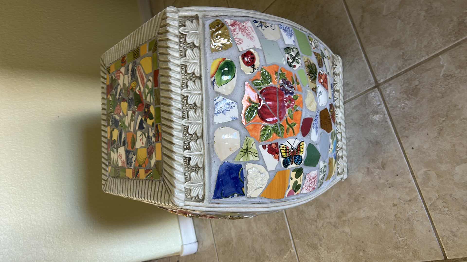 Photo 1 of MOSAIC CERAMIC GARDEN STOOL FEATURES A VIBRANT, ECLECTIC PATTERN OF COLORFUL POTTERY SHARDS ARRANGED IN A DECORATIVE MOSAIC DESIGN. H17”