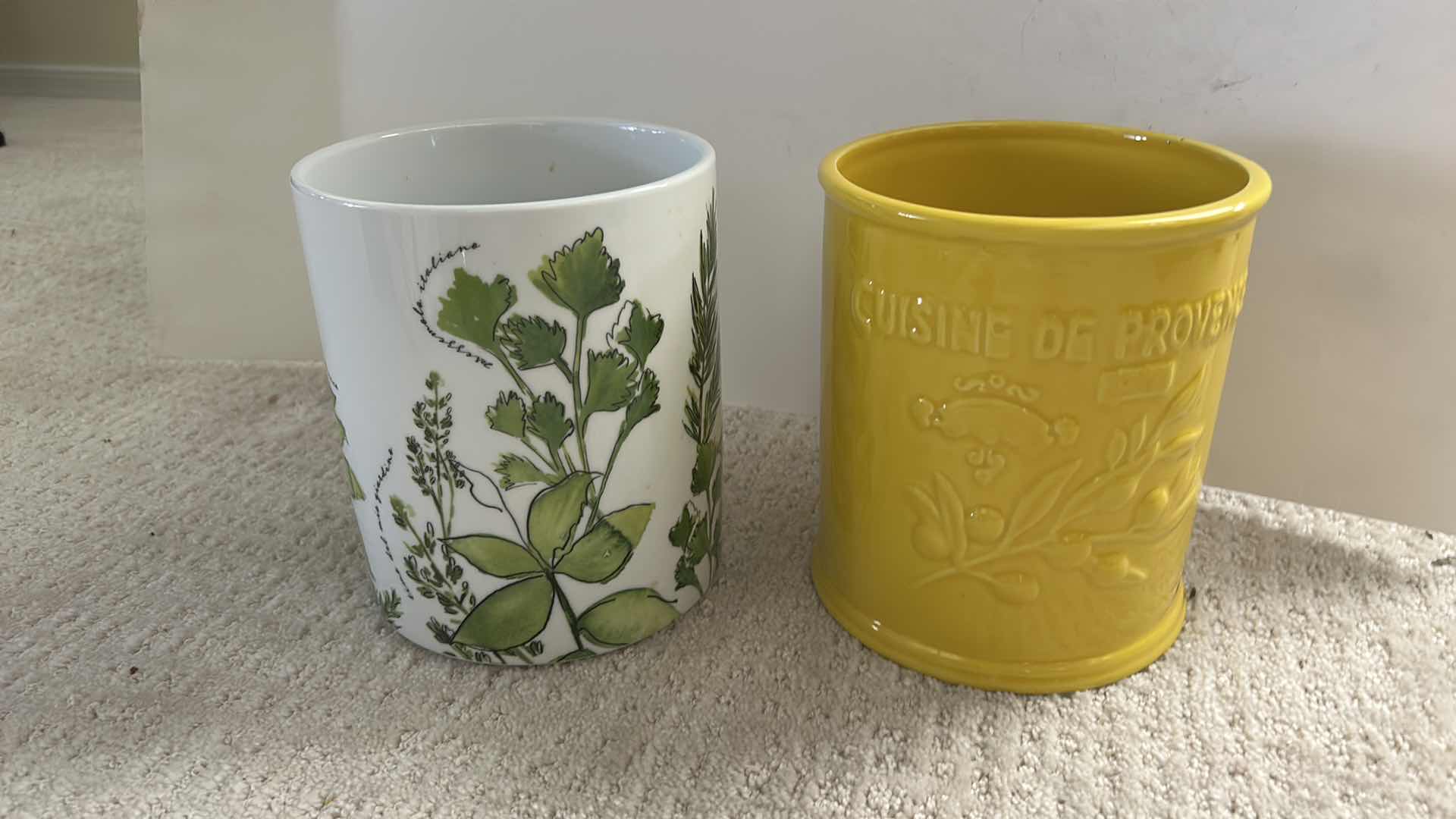 Photo 1 of 2 CERAMIC CANISTERS FEATURE BOTANICAL HERB ILLUSTRATIONS AND EMBOSSED FRENCH TEXT. H7.5”