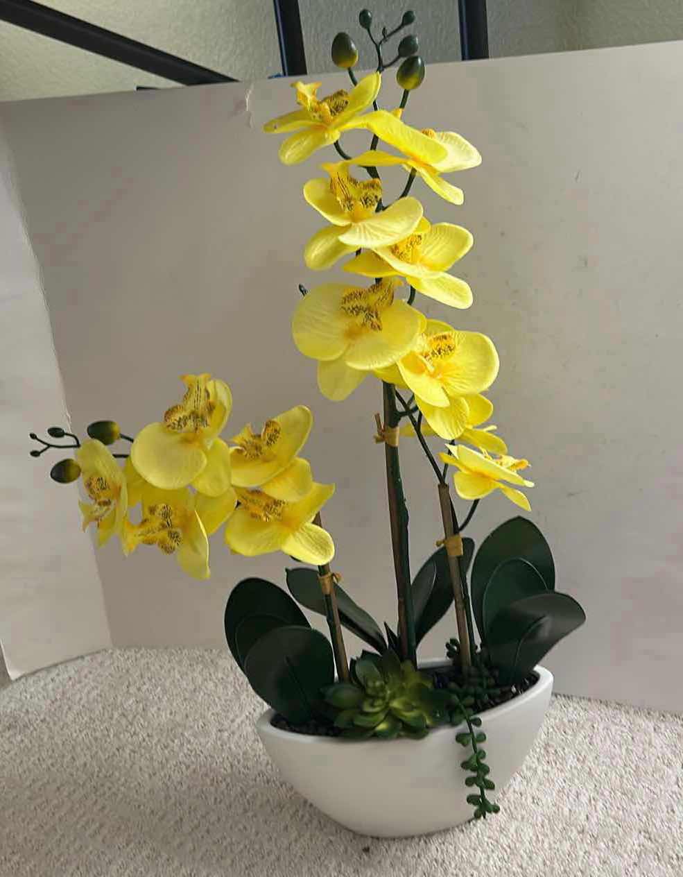 Photo 1 of ARTIFICIAL PHALAENOPSIS ORCHID ARRANGEMENT FEATURES VIBRANT YELLOW FLOWERS SET IN A SLEEK WHITE CERAMIC POT H24”