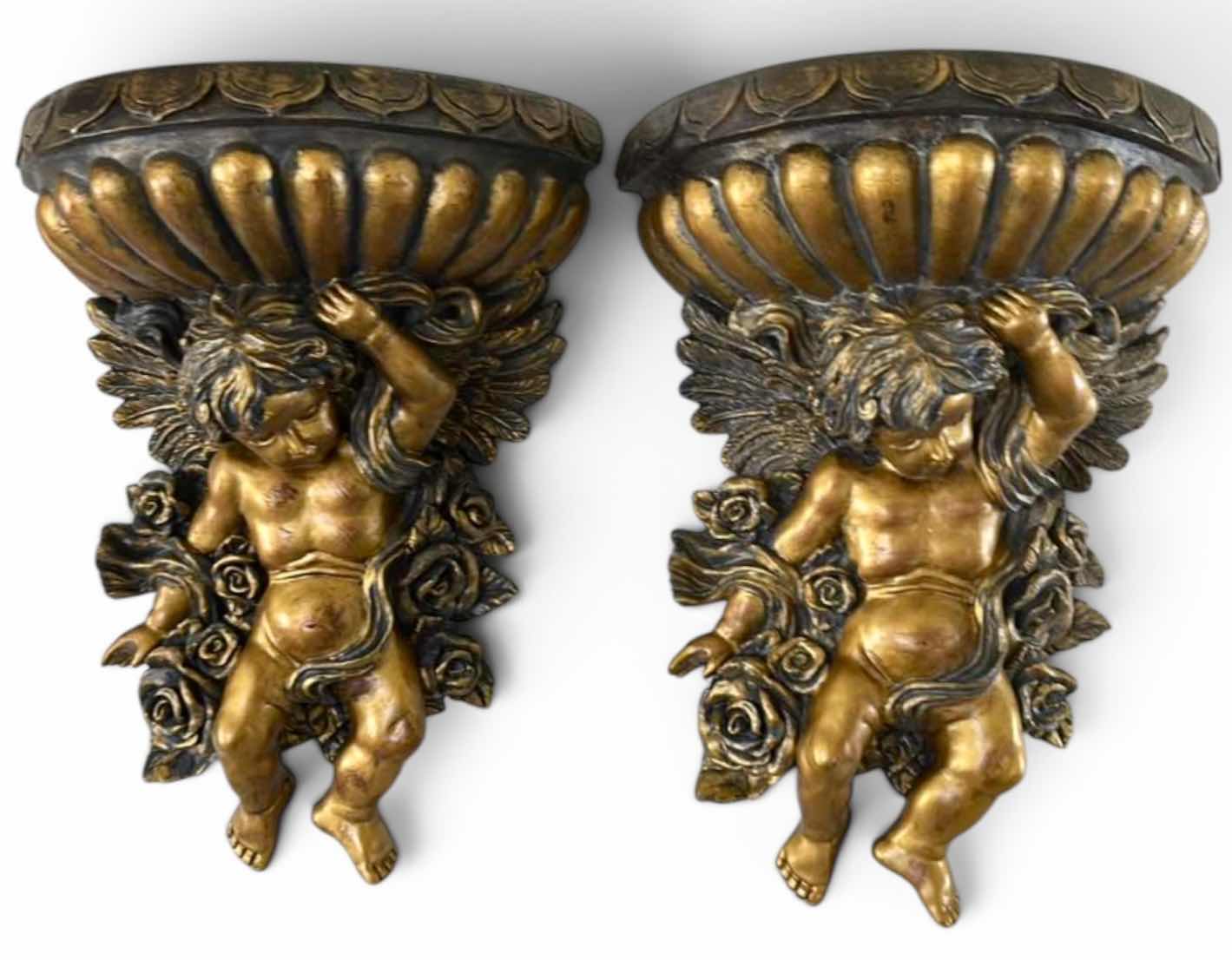 Photo 1 of 2- HOLLYWOOD REGENCY STYLE CHERUB WALL SHELF SCONCES FEATURE ORNATE CHERUB PLASTER FIGURES H13”