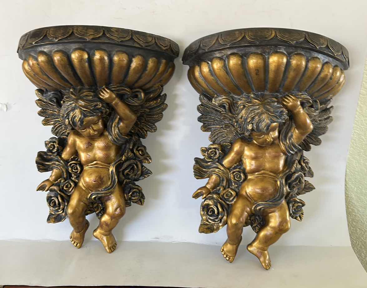 Photo 1 of 2- HOLLYWOOD REGENCY STYLE CHERUB WALL SHELF SCONCES FEATURE ORNATE CHERUB PLASTER FIGURES H13”