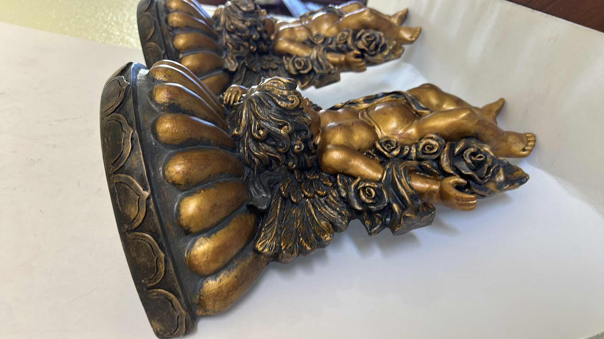 Photo 1 of 2- HOLLYWOOD REGENCY STYLE CHERUB WALL SHELF SCONCES FEATURE ORNATE CHERUB PLASTER FIGURES H13”