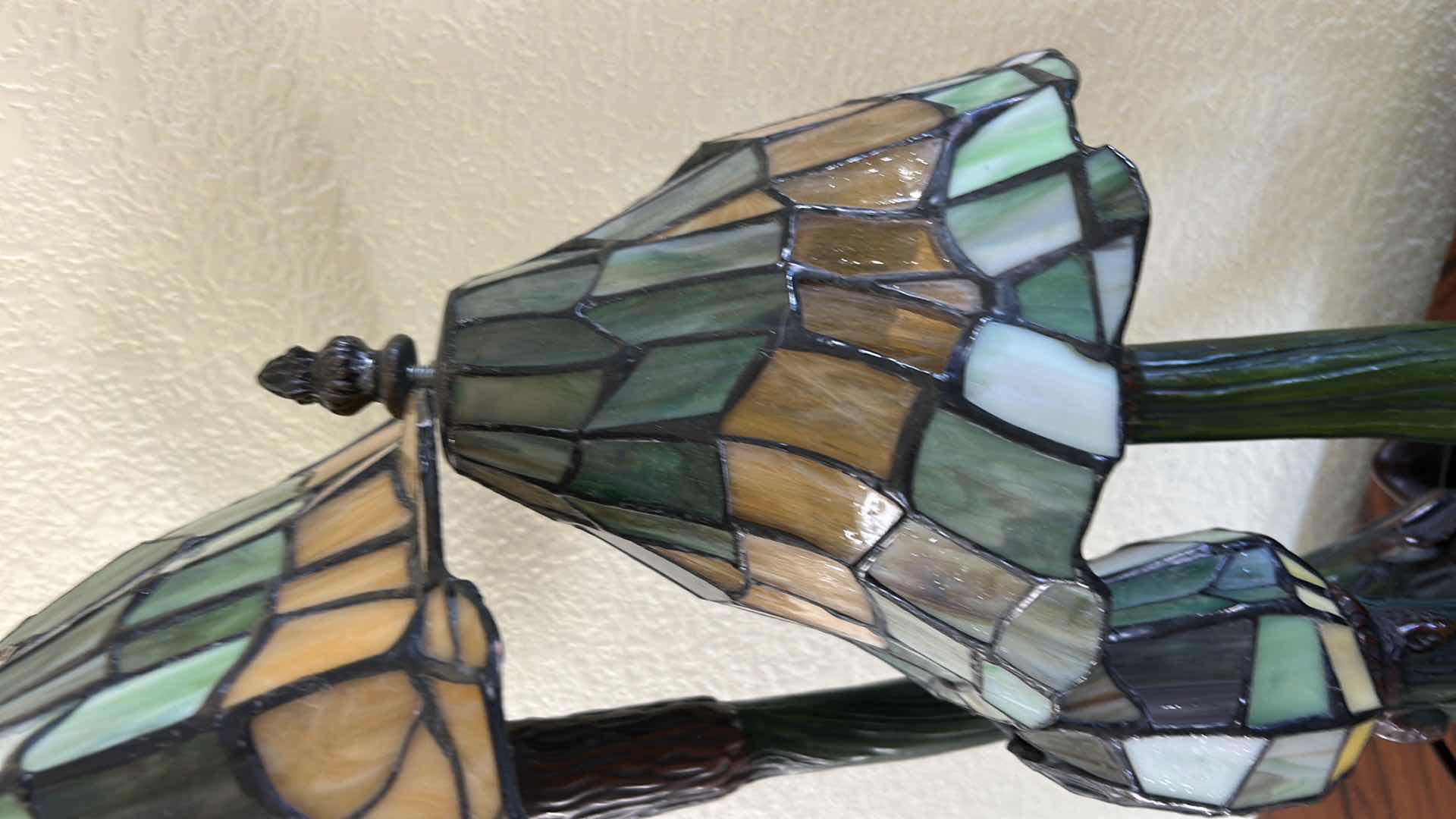 Photo 1 of 20TH-CENTURY ART NOUVEAU STYLE DESK LAMP FEATURING THREE MUSHROOM-SHAPED SHADES MADE OF STAINED GLASS IN GREEN AND AMBER TONES. H21” VALUE $200 to $1000