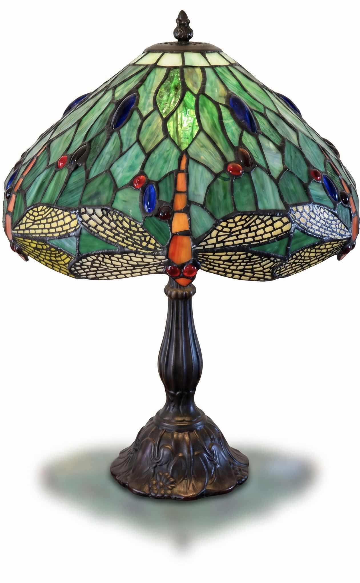 Photo 1 of DRAGONFLY TABLE LAMP FEATURES A GREEN STAINED GLASS SHADE WITH RED AND BLUE JEWELED INSERTS, RESEMBLING STYLES OFFERED BY WAREHOUSE OF TIFFANY. H19”