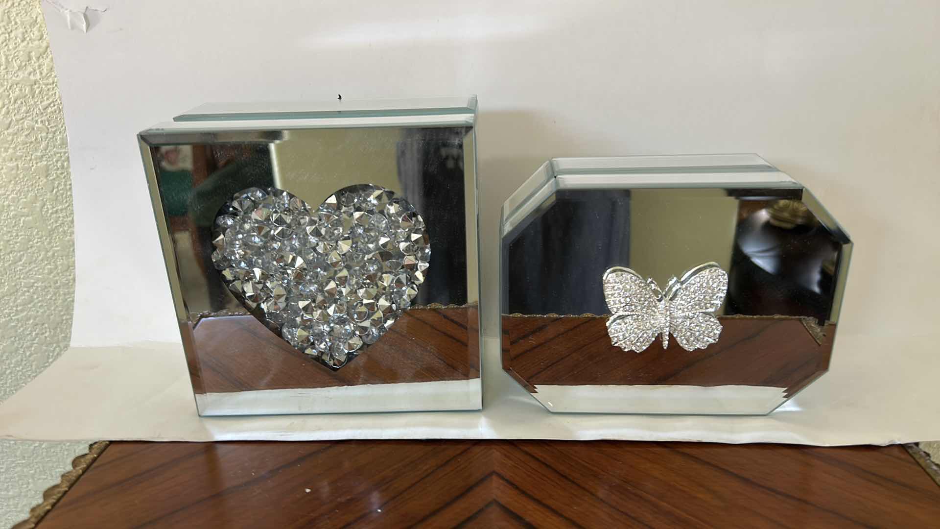 Photo 1 of TWO MIRRORED TRINKET BOXES, HEART, AND A BUTTERFLY, FELT LINED LARGEST 6“ X 3 1/4“ttt