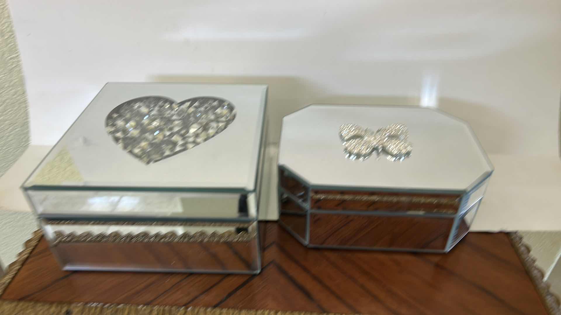 Photo 1 of TWO MIRRORED TRINKET BOXES, HEART, AND A BUTTERFLY, FELT LINED LARGEST 6“ X 3 1/4“ttt