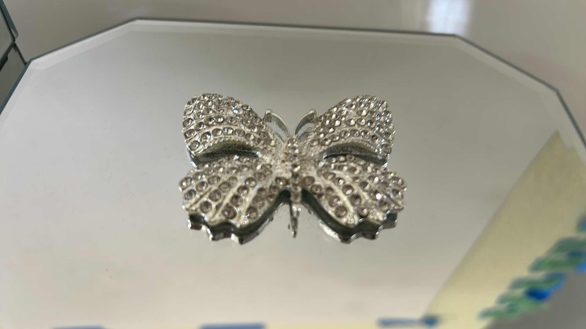 Photo 1 of TWO MIRRORED TRINKET BOXES, HEART, AND A BUTTERFLY, FELT LINED LARGEST 6“ X 3 1/4“ttt