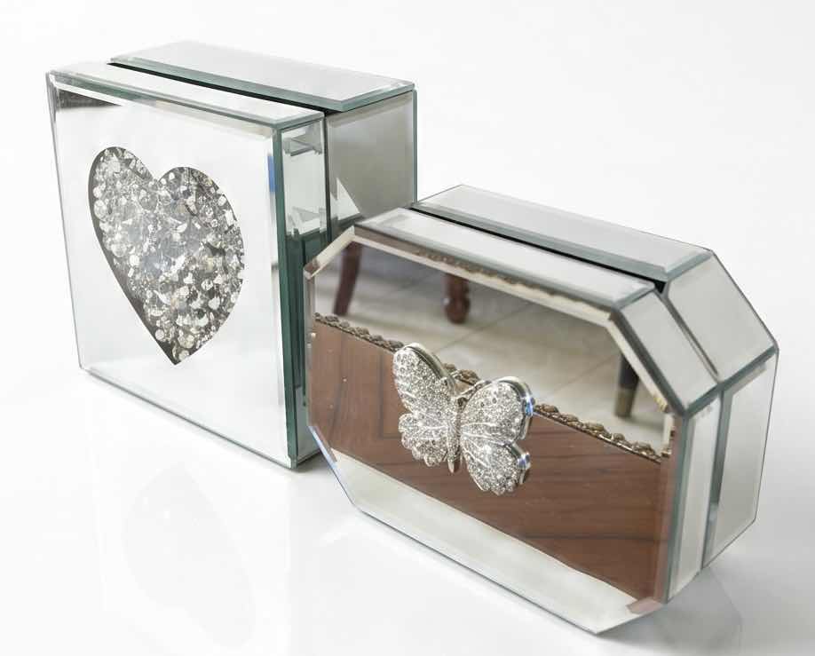 Photo 1 of TWO MIRRORED TRINKET BOXES, HEART, AND A BUTTERFLY, FELT LINED LARGEST 6“ X 3 1/4“ttt