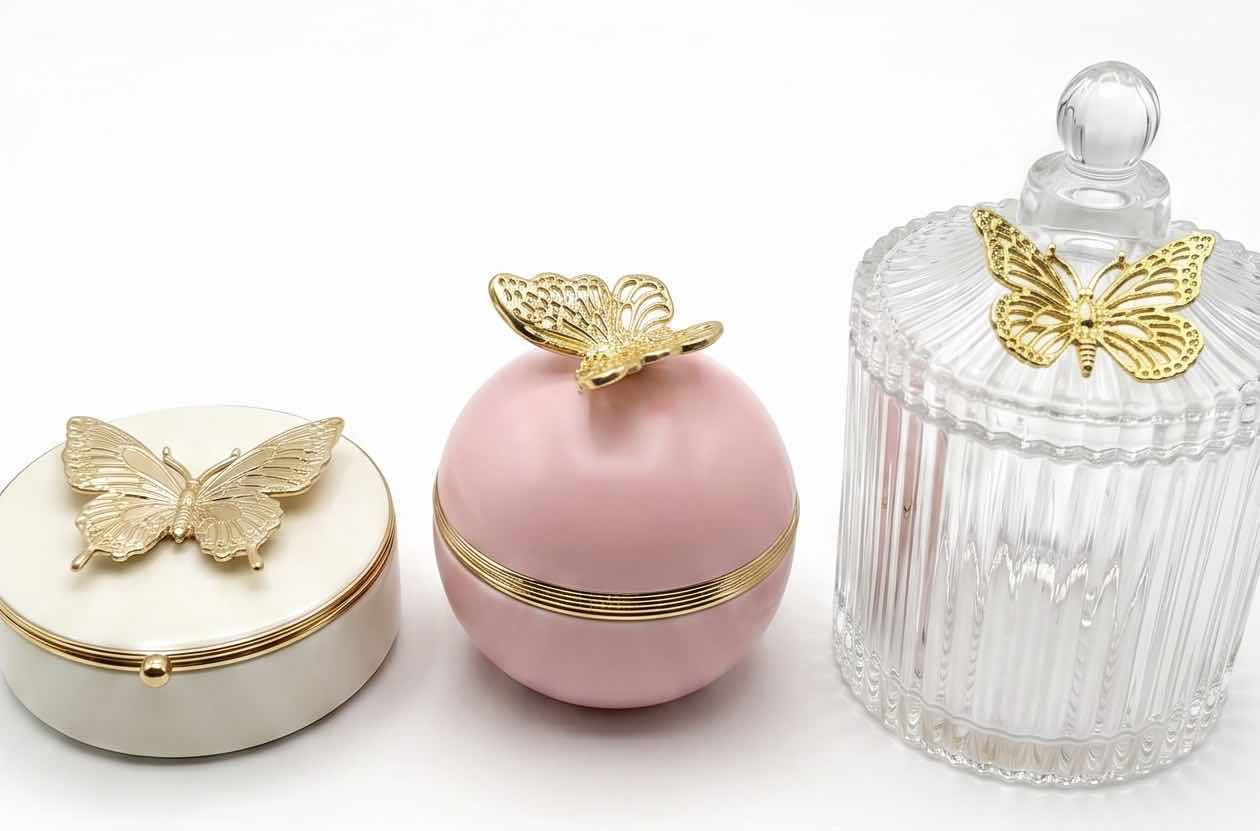 Photo 1 of 2 BUTTERFLY, TRINKET BOXES AND LIDDED JAR