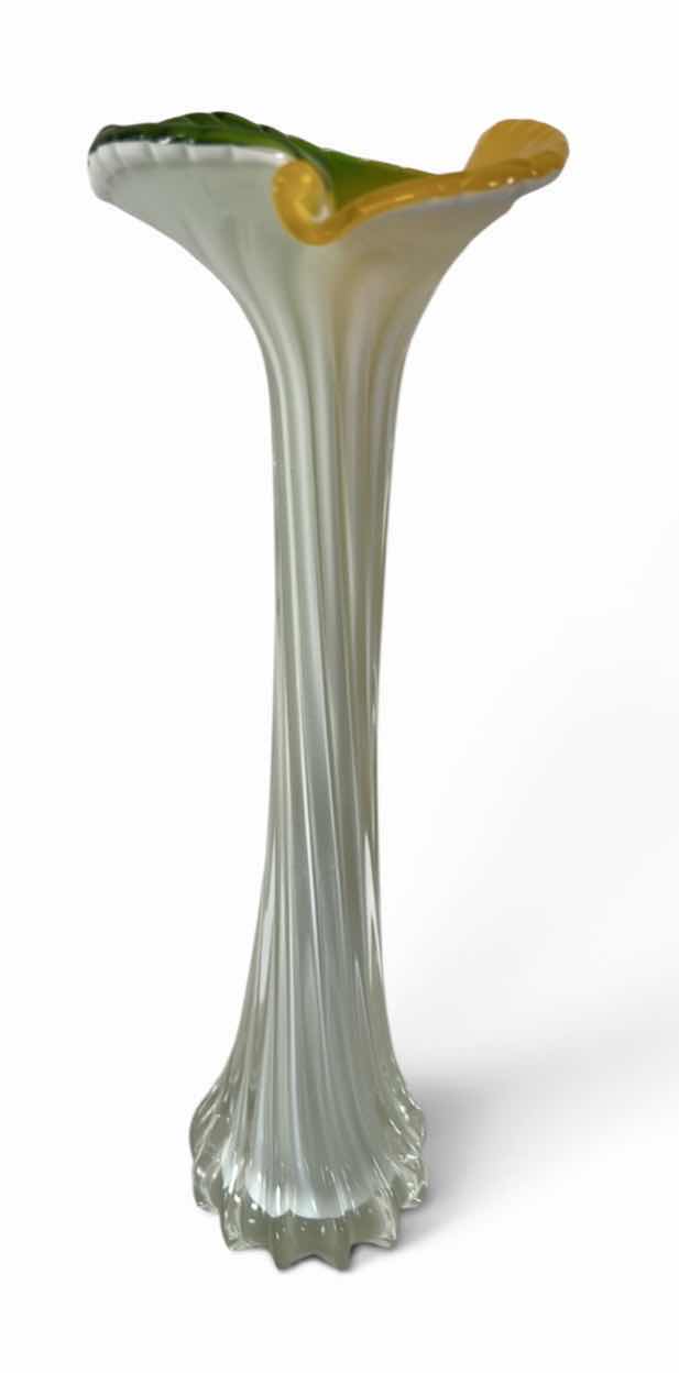 Photo 1 of ART GLASS VASE FEATURES A FLOWER-SHAPED TOP W/VIBRANT GREEN & YELLOW PETALS ATOP A RIBBED WHITE & CLEAR STEM.H12.5”