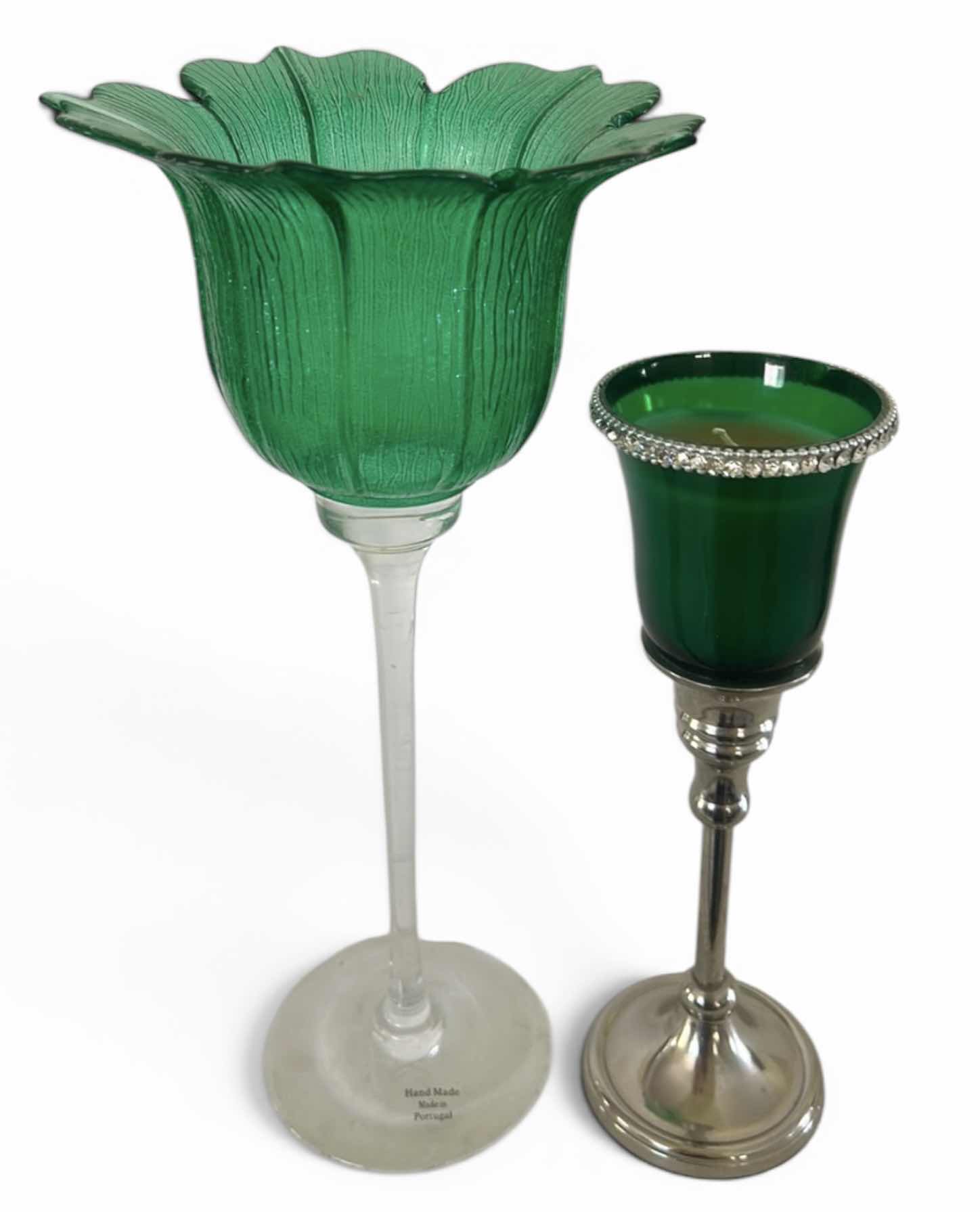 Photo 1 of TULIP GLASS CANDLE HOLDER MADE IN PORTUGAL & SILVER TONE CANDLE HOLDER W/CANDLE. H12”