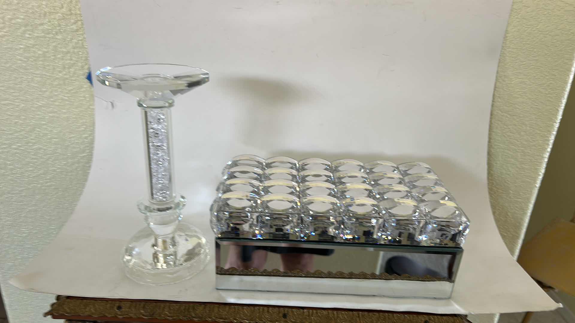 Photo 1 of LUCITE BOX AND CRYSTAL CANDLE HOLDER H8.25”