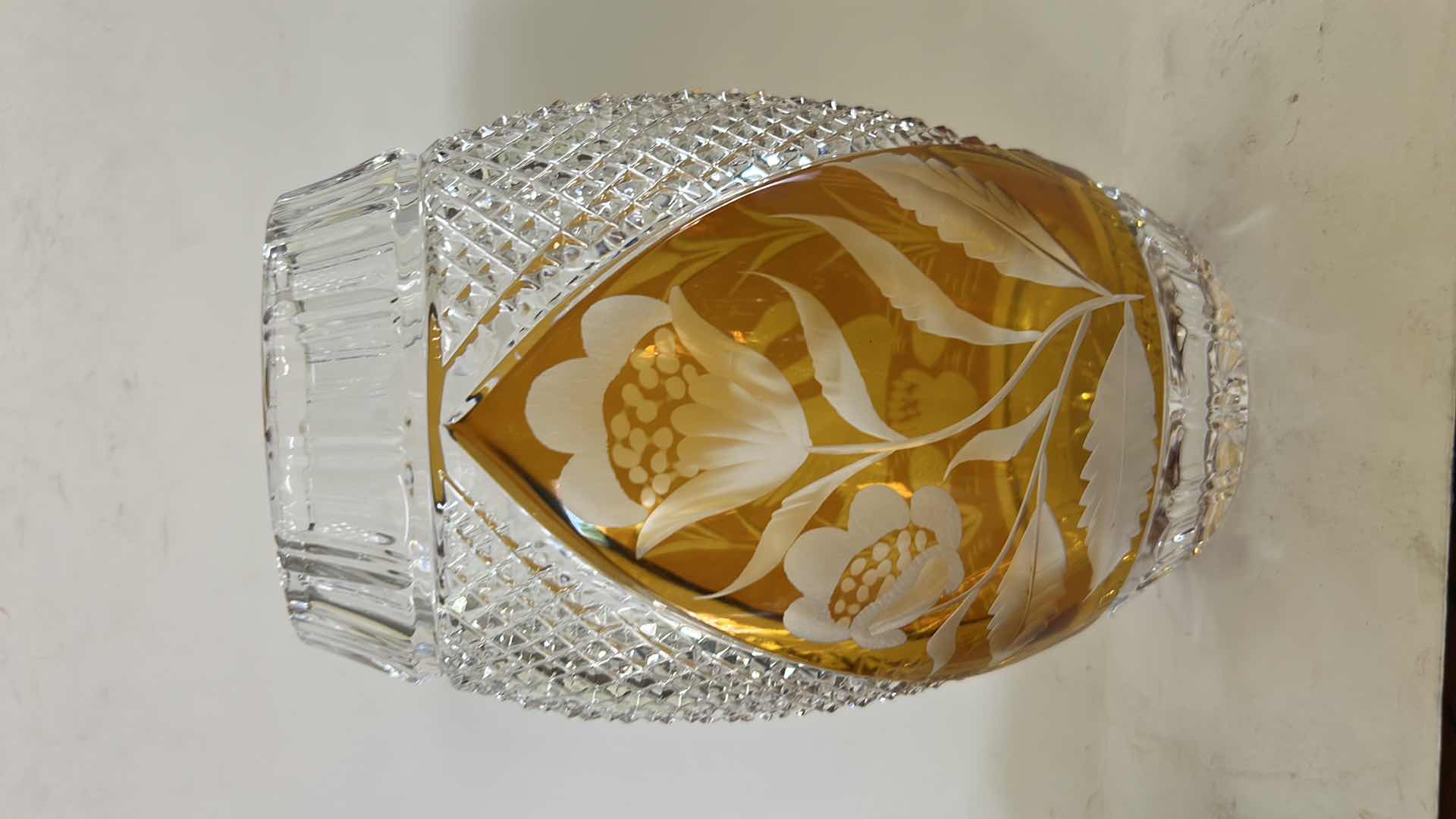 Photo 1 of JULIA POLAND LEAD CRYSTAL VASE, FEATURING A DISTINCTIVE AMBER-TO-CLEAR CUT DESIGN WITH A SWAN MOTIF. H8”