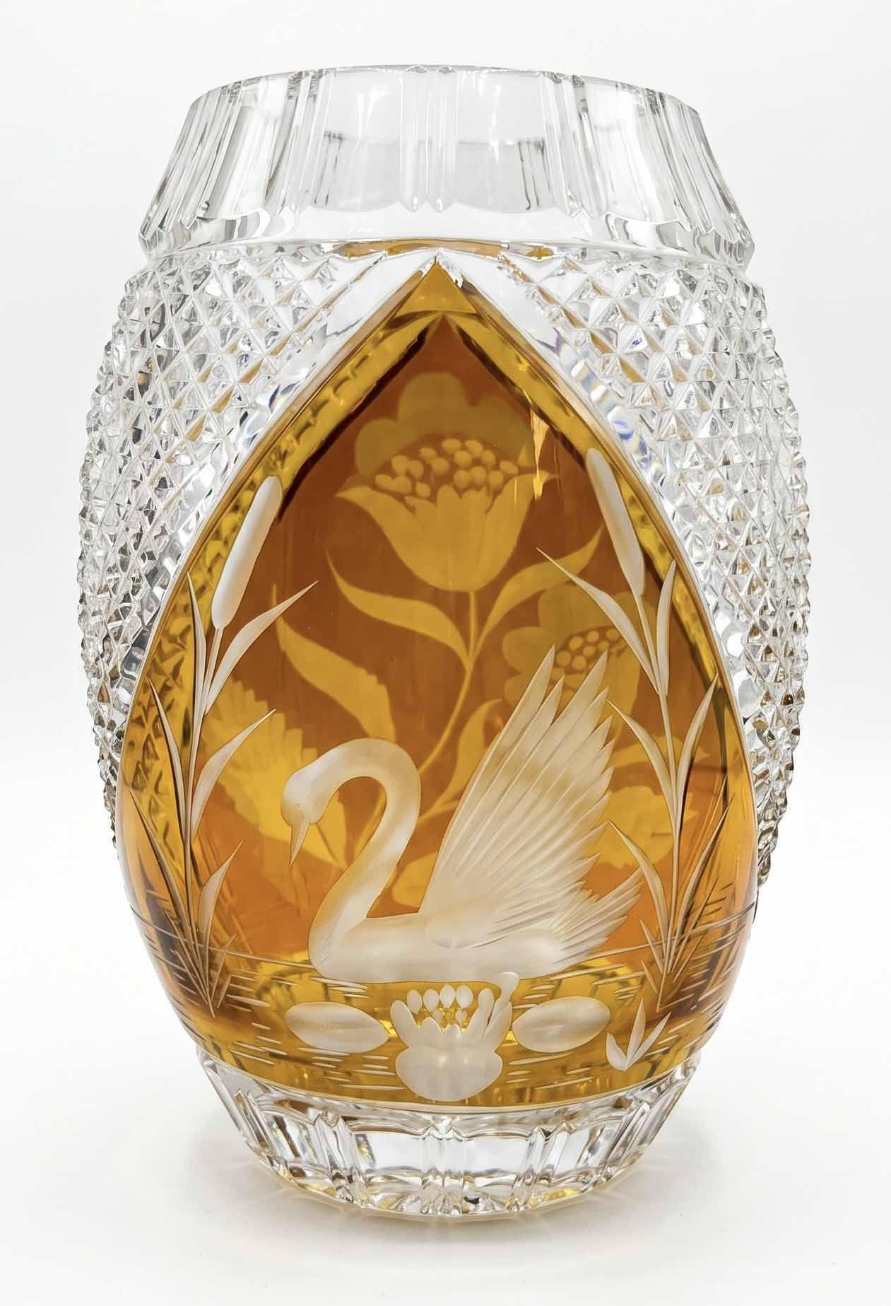 Photo 1 of JULIA POLAND LEAD CRYSTAL VASE, FEATURING A DISTINCTIVE AMBER-TO-CLEAR CUT DESIGN WITH A SWAN MOTIF. H8”