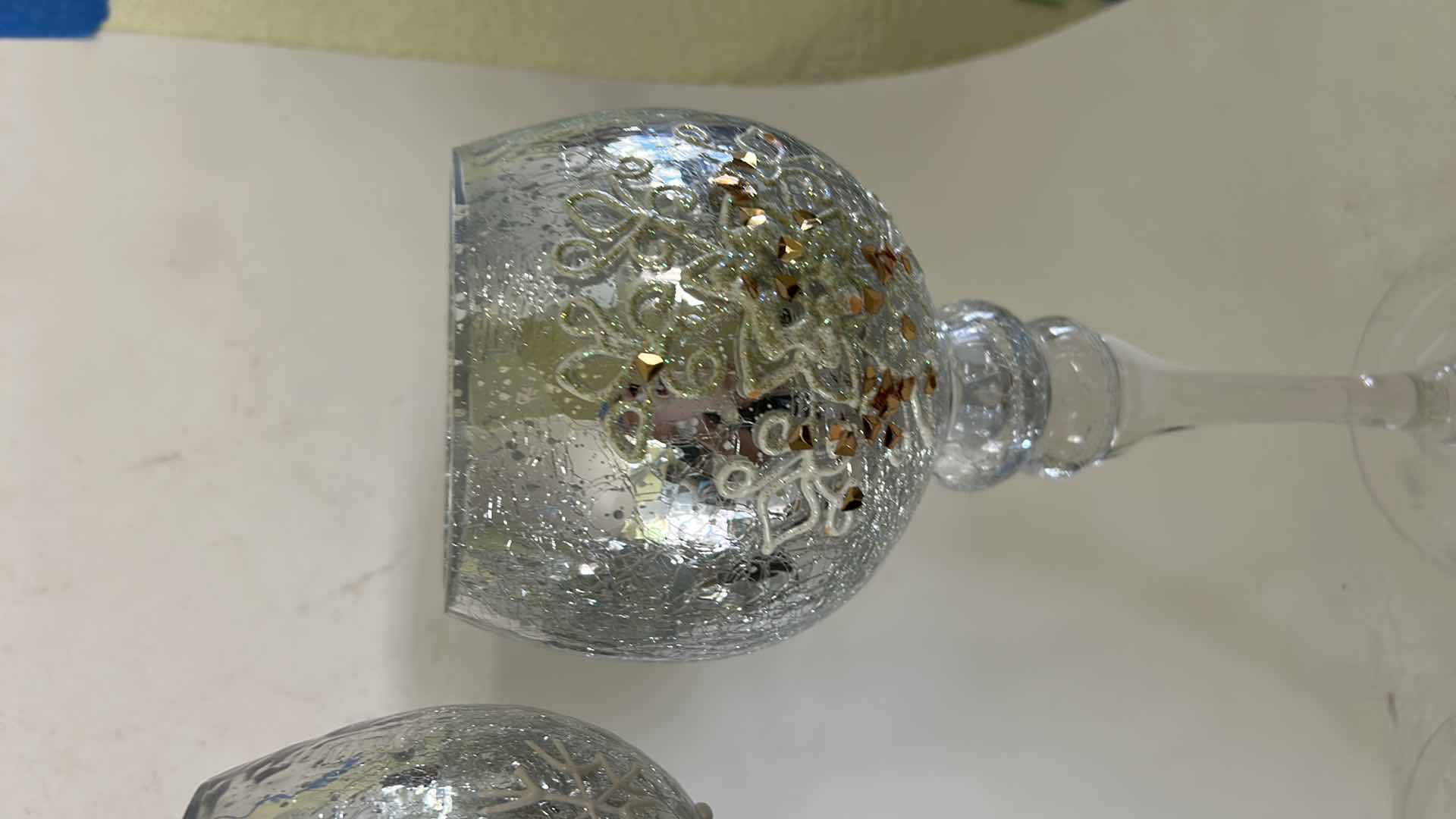 Photo 1 of 2 SNOWFLAKE CANDLE HOLDERS, GLASS WITH SILVER CRACKLE ( TALLEST H14”)