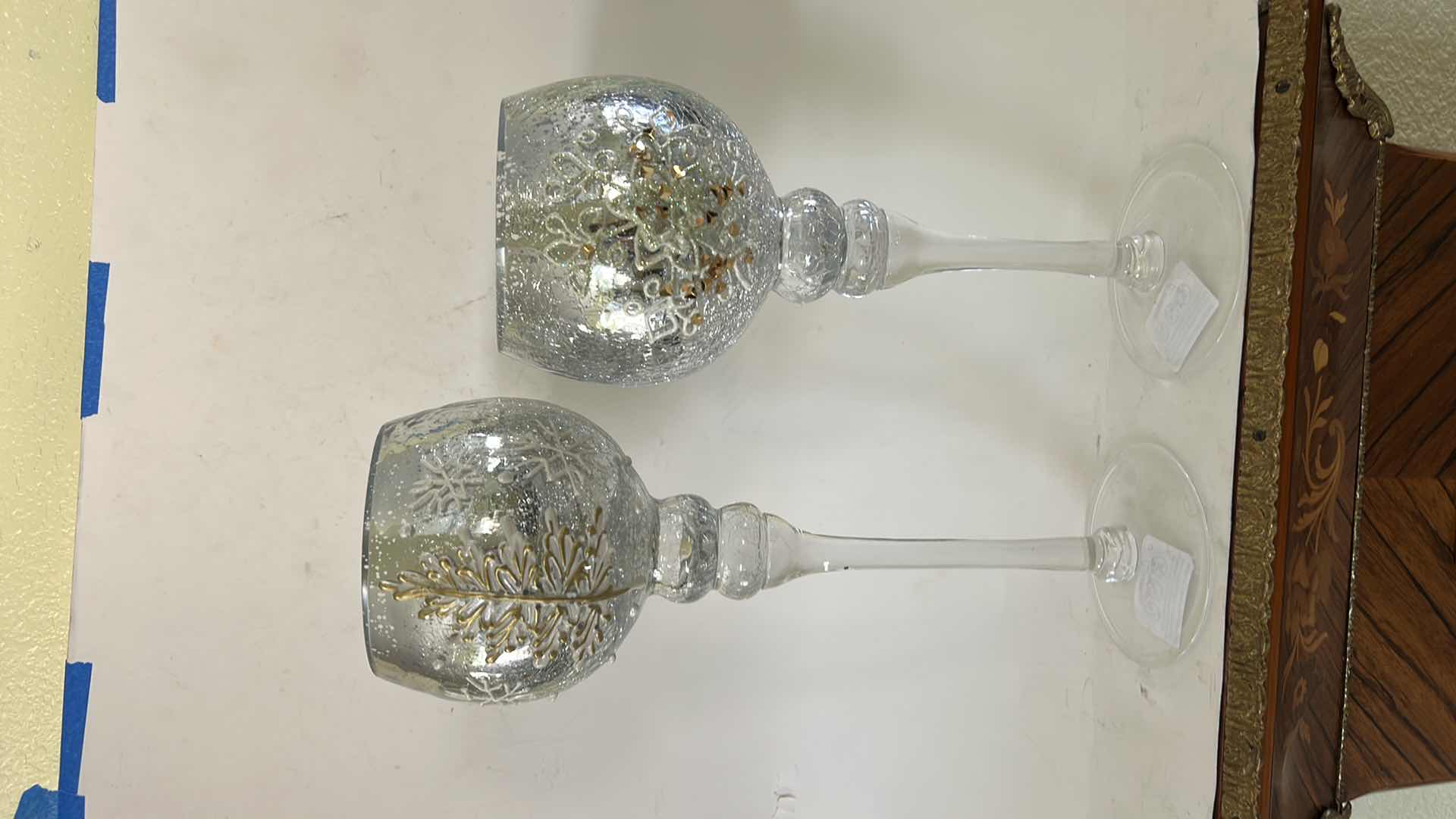 Photo 1 of 2 SNOWFLAKE CANDLE HOLDERS, GLASS WITH SILVER CRACKLE ( TALLEST H14”)
