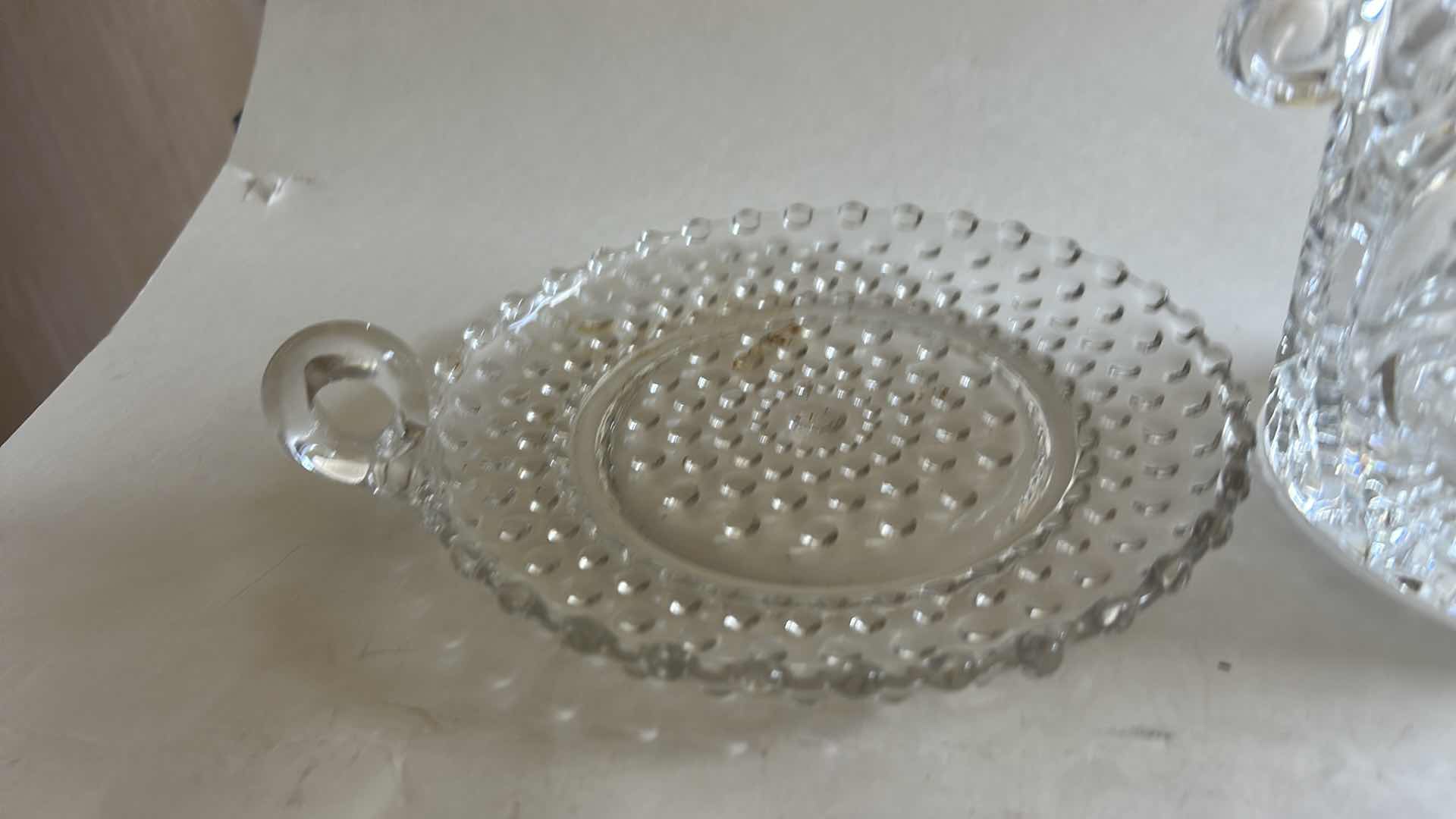 View 5 of VINTAGE CRYSTAL ICE BUCKET FEATURES AN INTRICATE ETCHED LEAF PATTERN AND SCALLOP-EDGED RIM & VINTAGE CLEAR GLASS DISH.