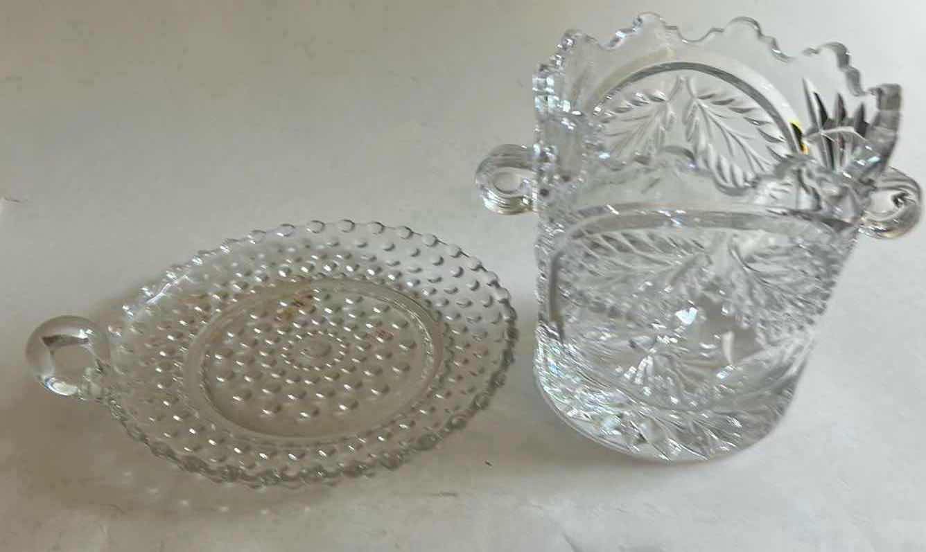 View 2 of VINTAGE CRYSTAL ICE BUCKET FEATURES AN INTRICATE ETCHED LEAF PATTERN AND SCALLOP-EDGED RIM & VINTAGE CLEAR GLASS DISH.