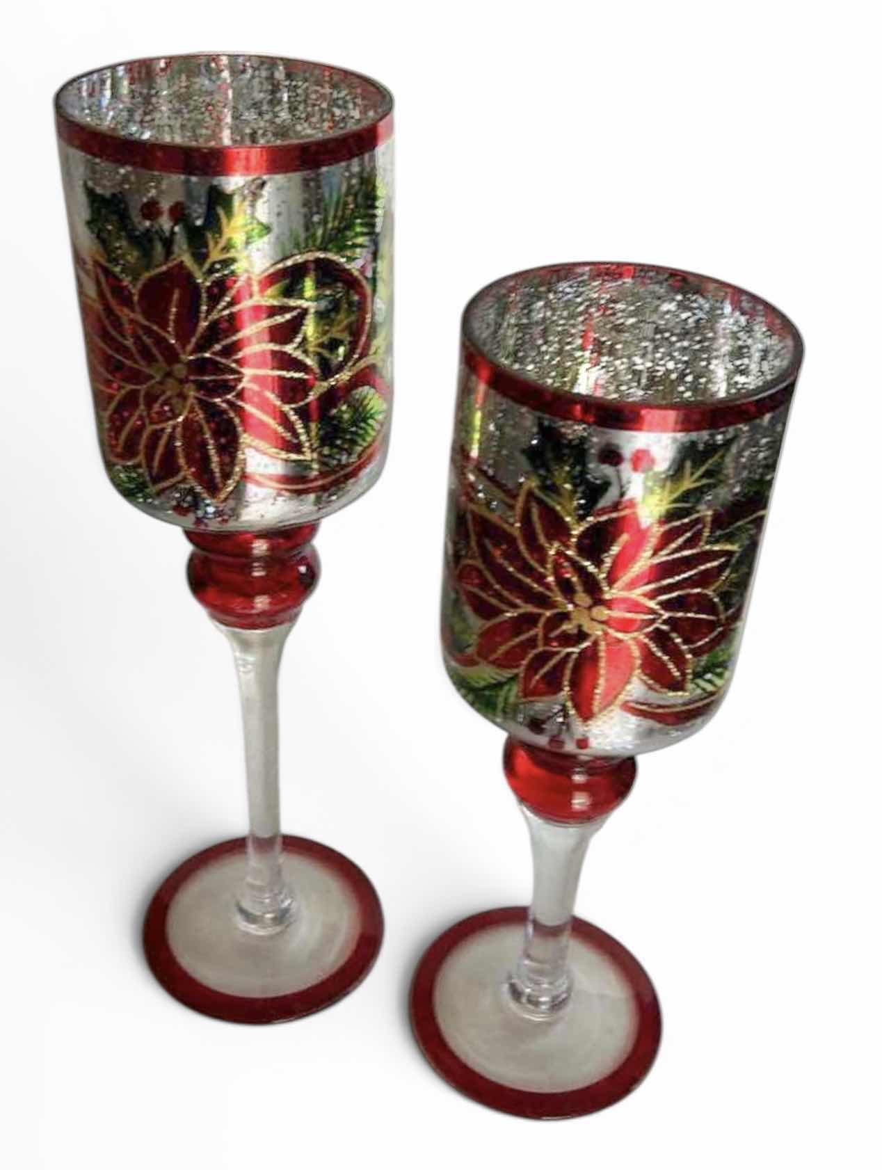 Photo 1 of TWO GLASS CHRISTMAS CANDLE HOLDERS (TALLEST H14”)