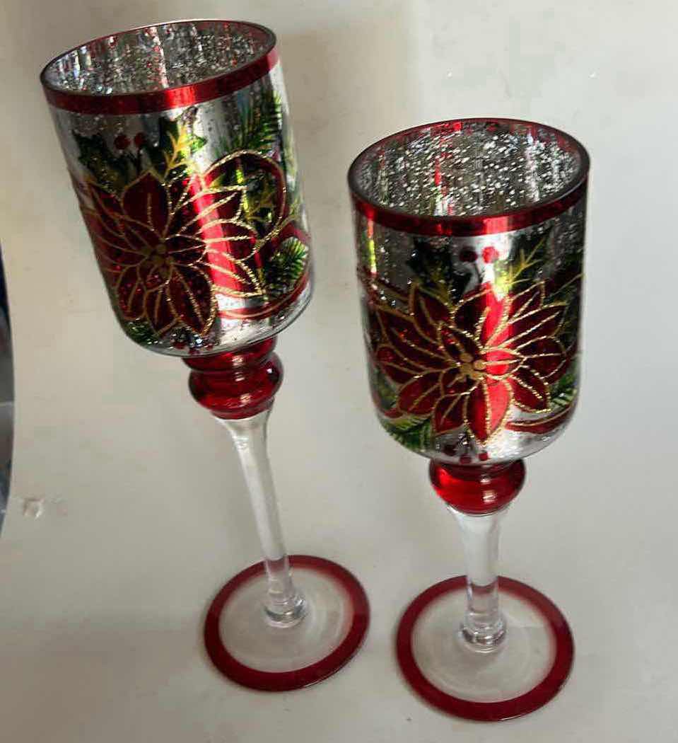 Photo 1 of TWO GLASS CHRISTMAS CANDLE HOLDERS (TALLEST H14”)
