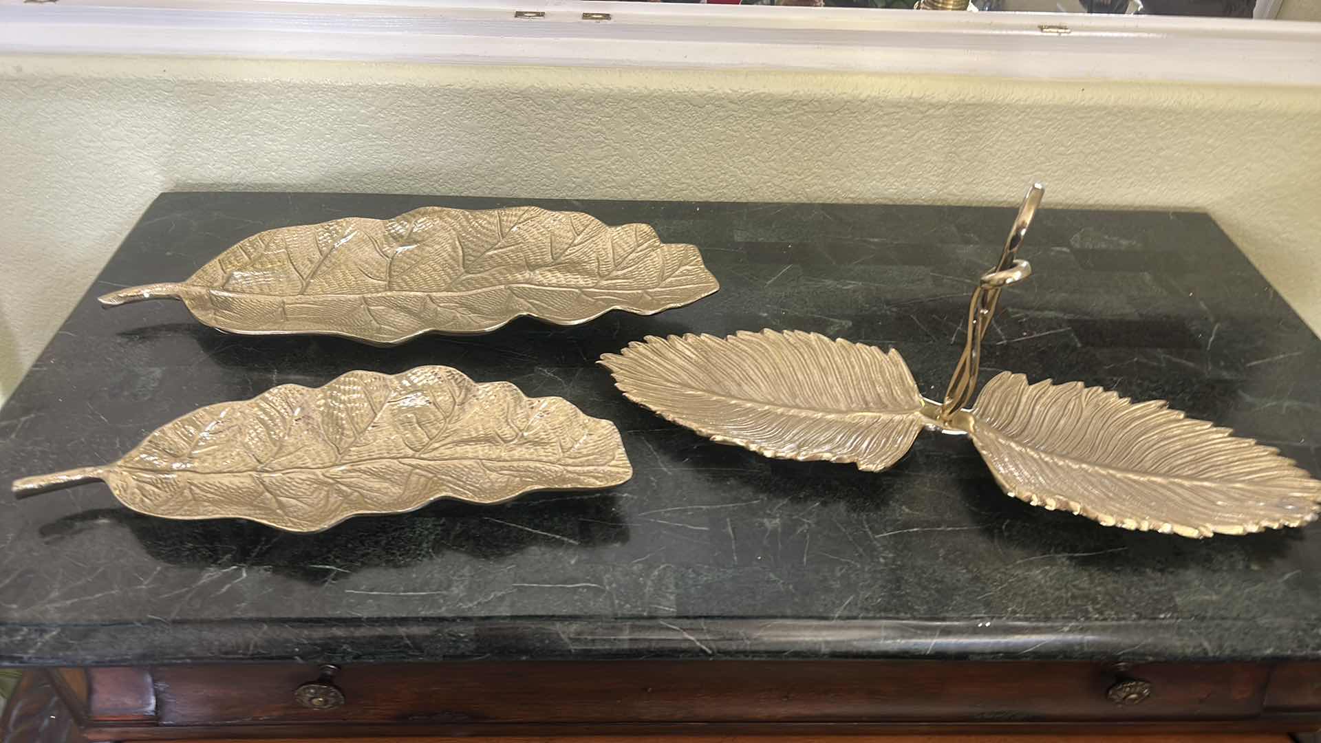 Photo 1 of THREE GOLD TONE, LEAF SERVINGTRAYS (LONGEST 21”)