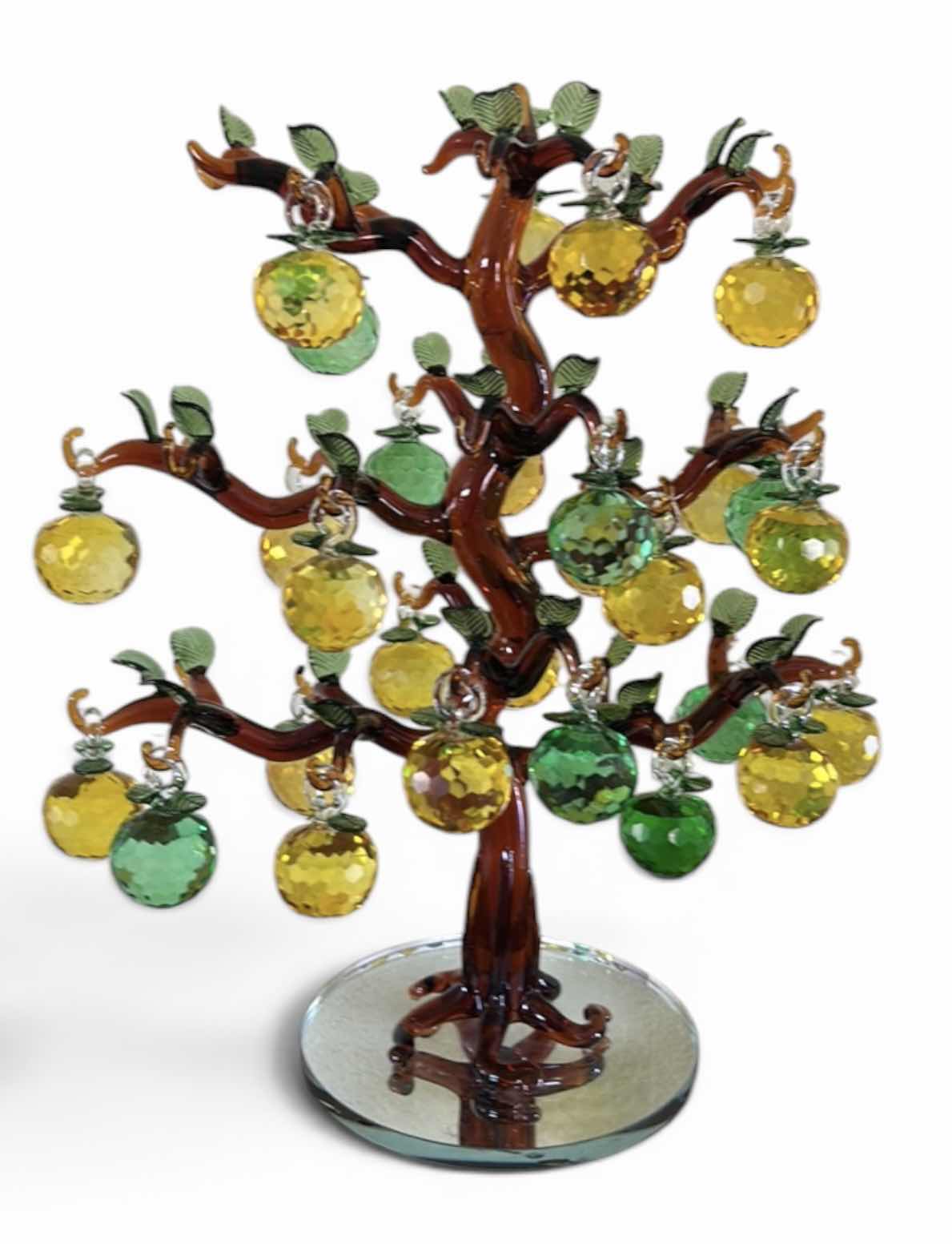Photo 1 of YU FENG BRAND ARTIFICIAL CRYSTAL APPLE TREE FEATURES GOLDEN AND GREEN FACETED GLASS FRUITS HANGING FROM A SCULPTED BROWN GLASS TRUNK. H17”