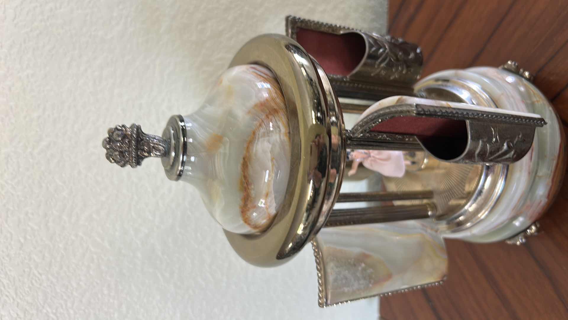View 5 of VINTAGE REUGE SWISS BALLERINA MUSIC BOX CAROUSEL IS CRAFTED FROM ITALIAN ONYX STONE AND FEATURES SILVERED METAL DETAILS. IT OPERATES AS AN AUTOMATON WITH DANCING BALLERINA FIGURES, H11”