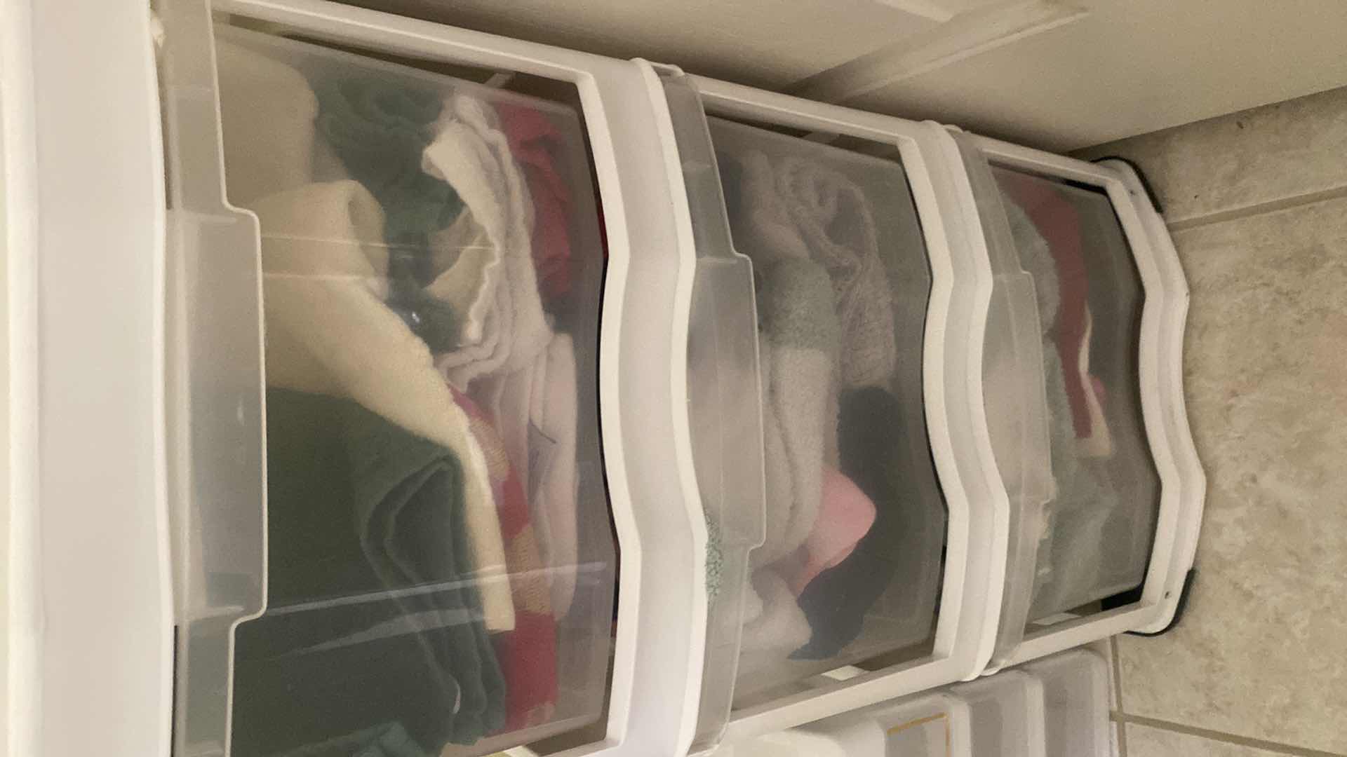 Photo 1 of PAIR OF PLASTIC STORAGE WITH THREE DRAWERS OF HAND TOWELS & WASHCLOTHS