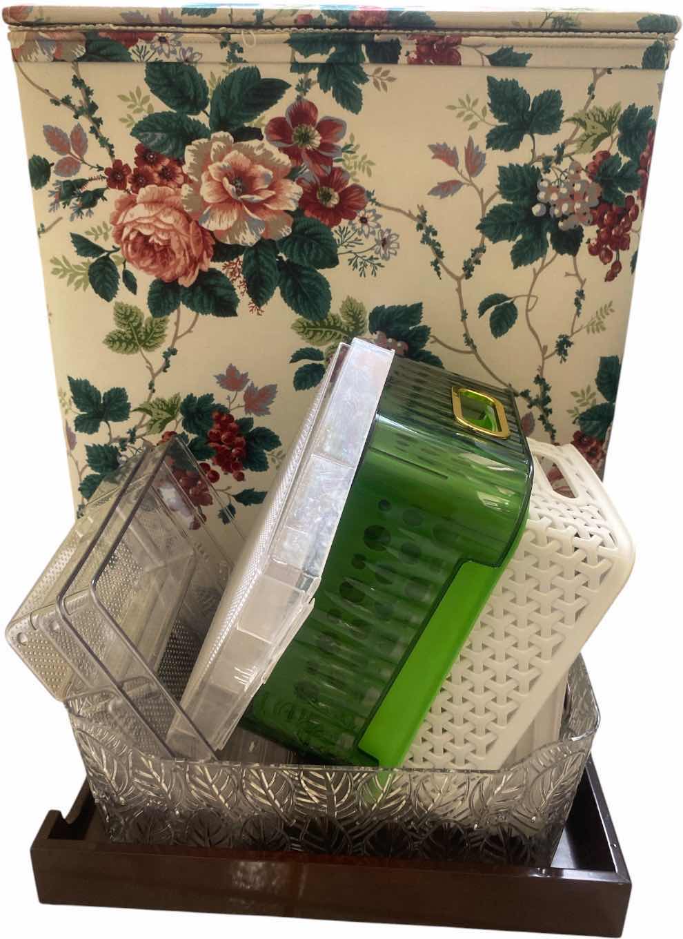 Photo 1 of VINTAGE FLORAL FABRIC CLOTHES HAMPER & PLASTIC STORAGE BOXES