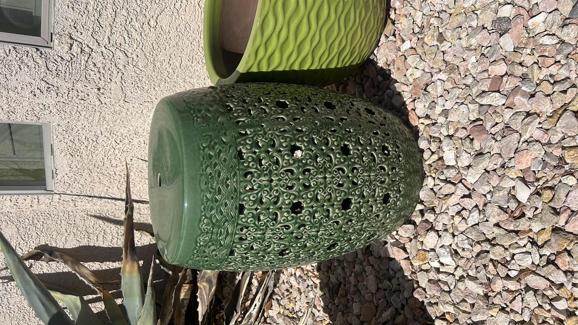 Photo 1 of GLAZED POTTERY AND GREEN GARDEN STOOL H19”