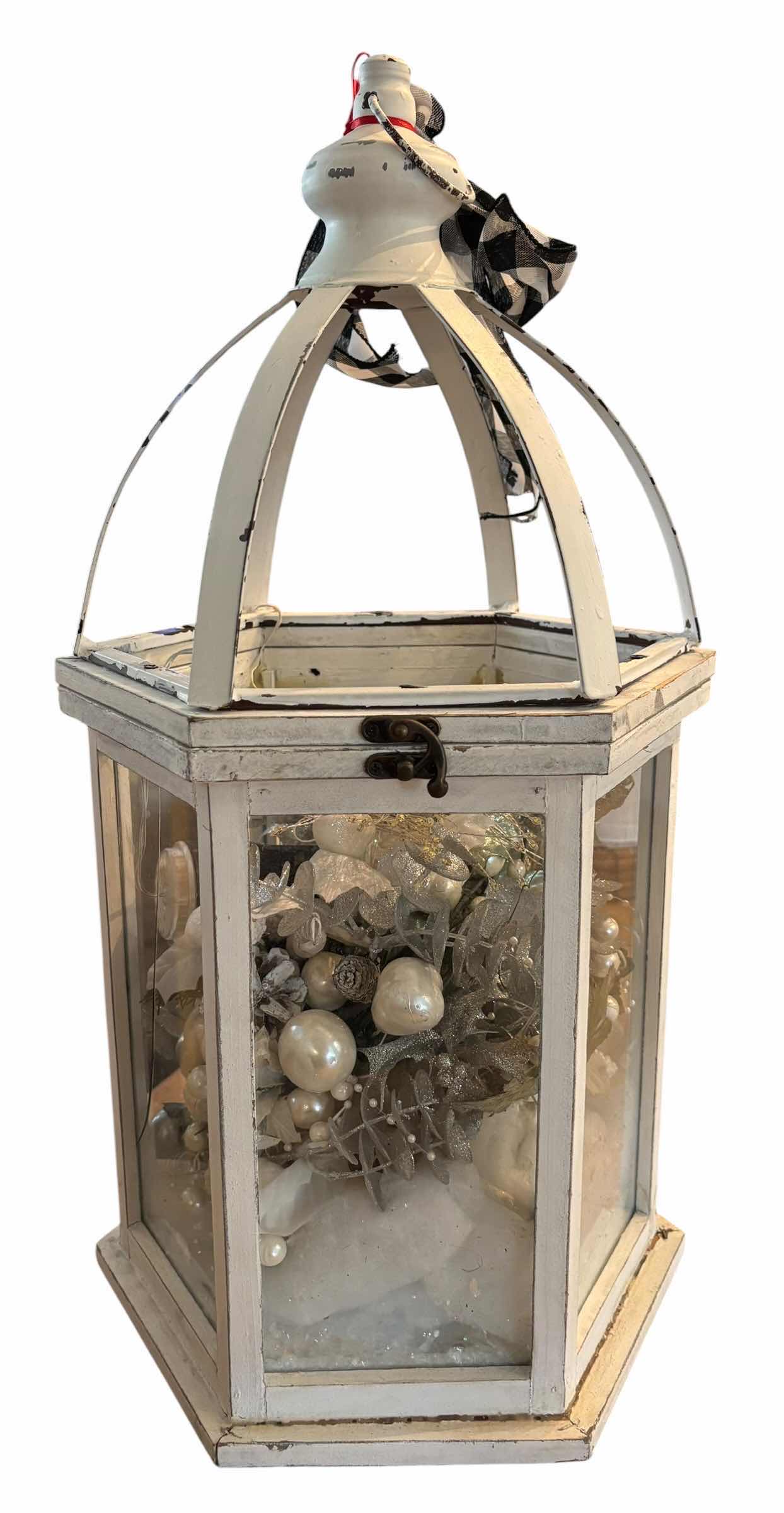 Photo 1 of DISTRESSED LANTERN WITH FESTIVE WINTER DECOR H22” (GLASS IS CRACKED)