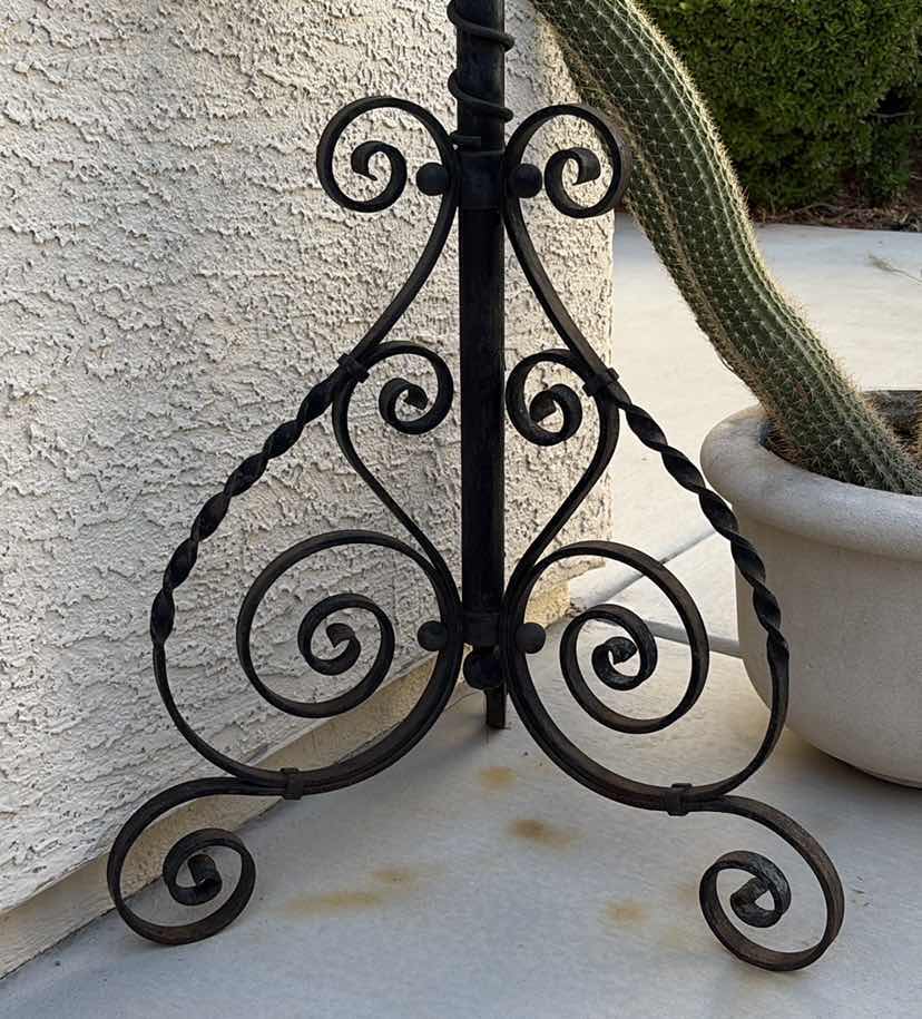 Photo 1 of TALL DECORATIVE WROUGHT IRON FLOOR CANDLE HOLDER WITH FROSTED GLASS HURRICANE SHADE AND SCROLLWORK BASE H69”