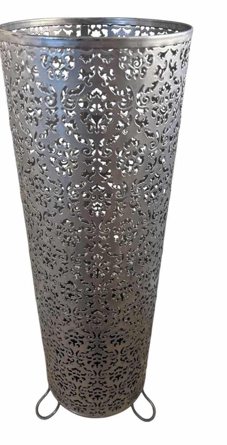 Photo 1 of DECORATIVE PIERCED METAL FLOOR LANTERN/CANDLE HOLDER WITH SCROLL PATTERN DESIGN H21”