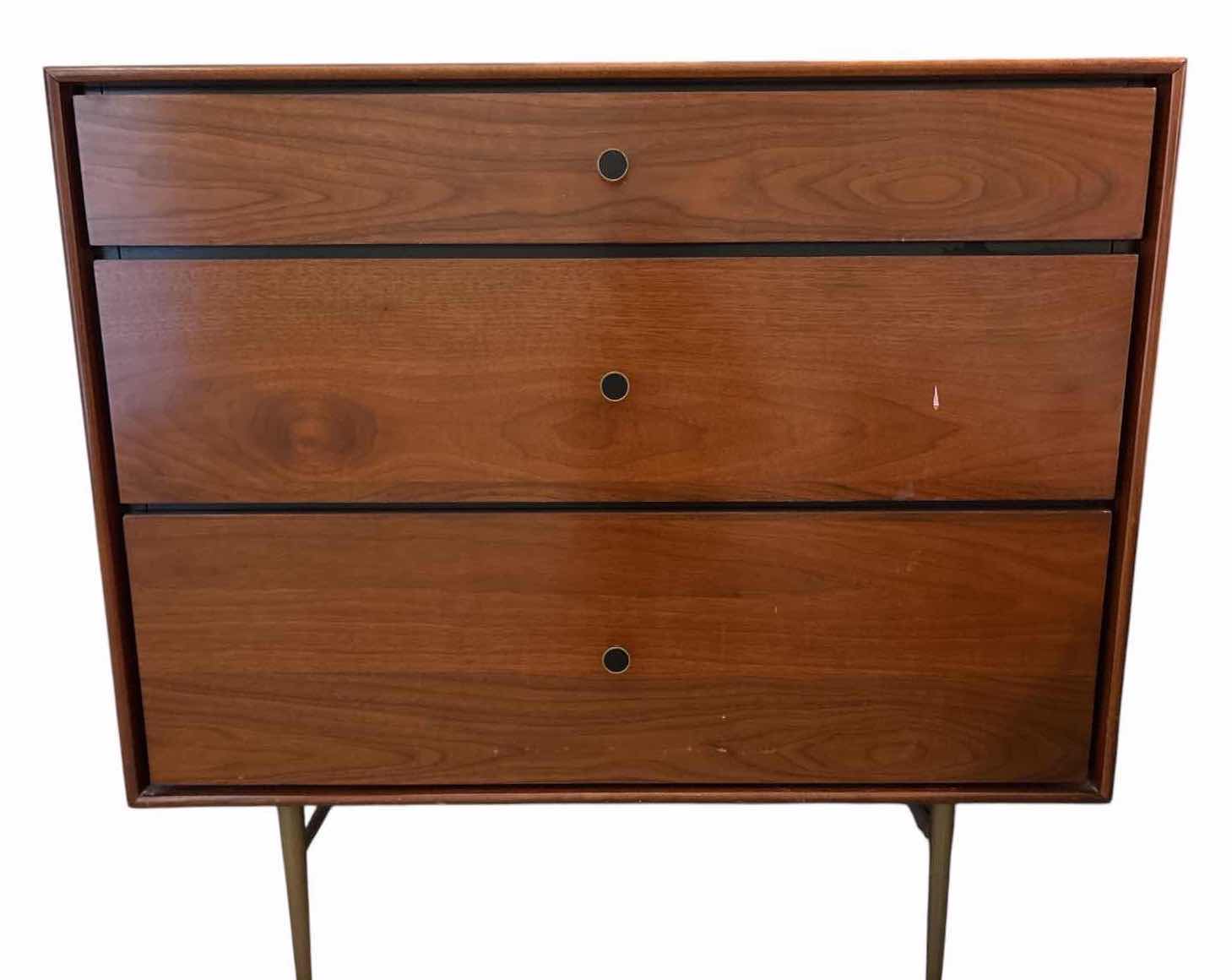 View 1 of MID-CENTURY MODERN STYLE WALNUT FINISH (3) DRAWER DRESSER WITH METAL LEGS AND ROUND METAL PULLS 36”X18”H34”