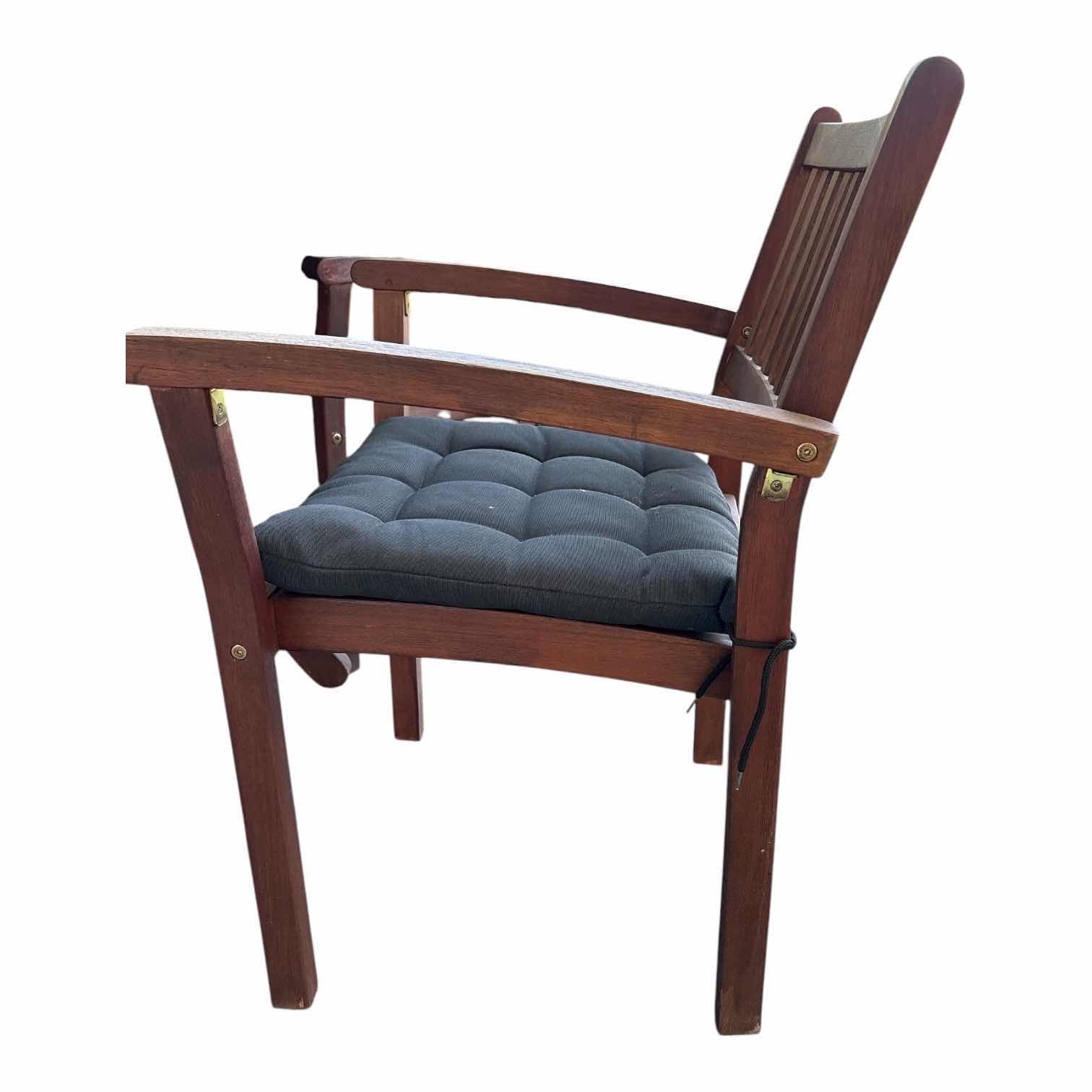 Photo 1 of (7)PCS HARDWOOD OUTDOOR PATIO DINING SET WITH RECTANGULAR SLAT-TOP TABLE, (6) ARMCHAIRS, UMBRELLA HOLE, AND BLACK SEAT CUSHIONS TABLE 59”X31.5”H30”