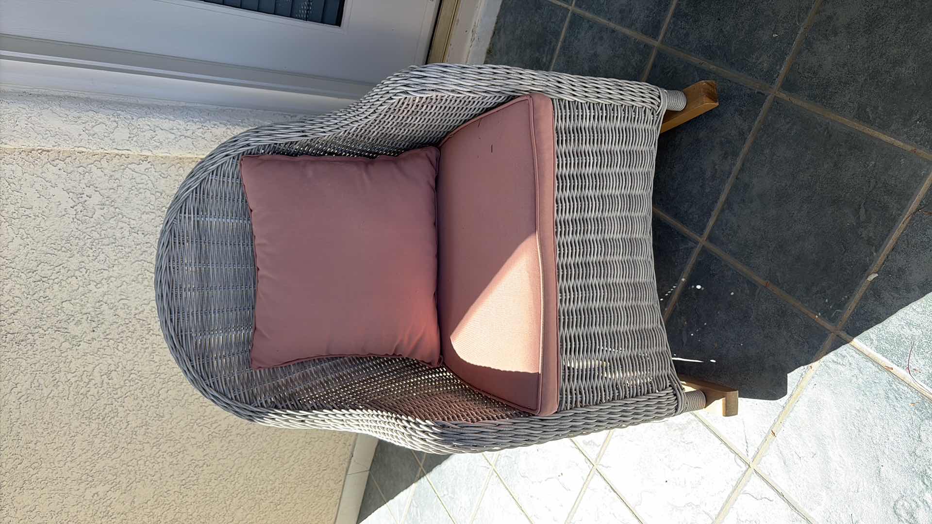 Photo 1 of ALL-WEATHER RESIN WICKER PATIO ROCKING CHAIR WITH PINK SEAT AND BACK CUSHIONS SEAT H18” TOTAL H34”