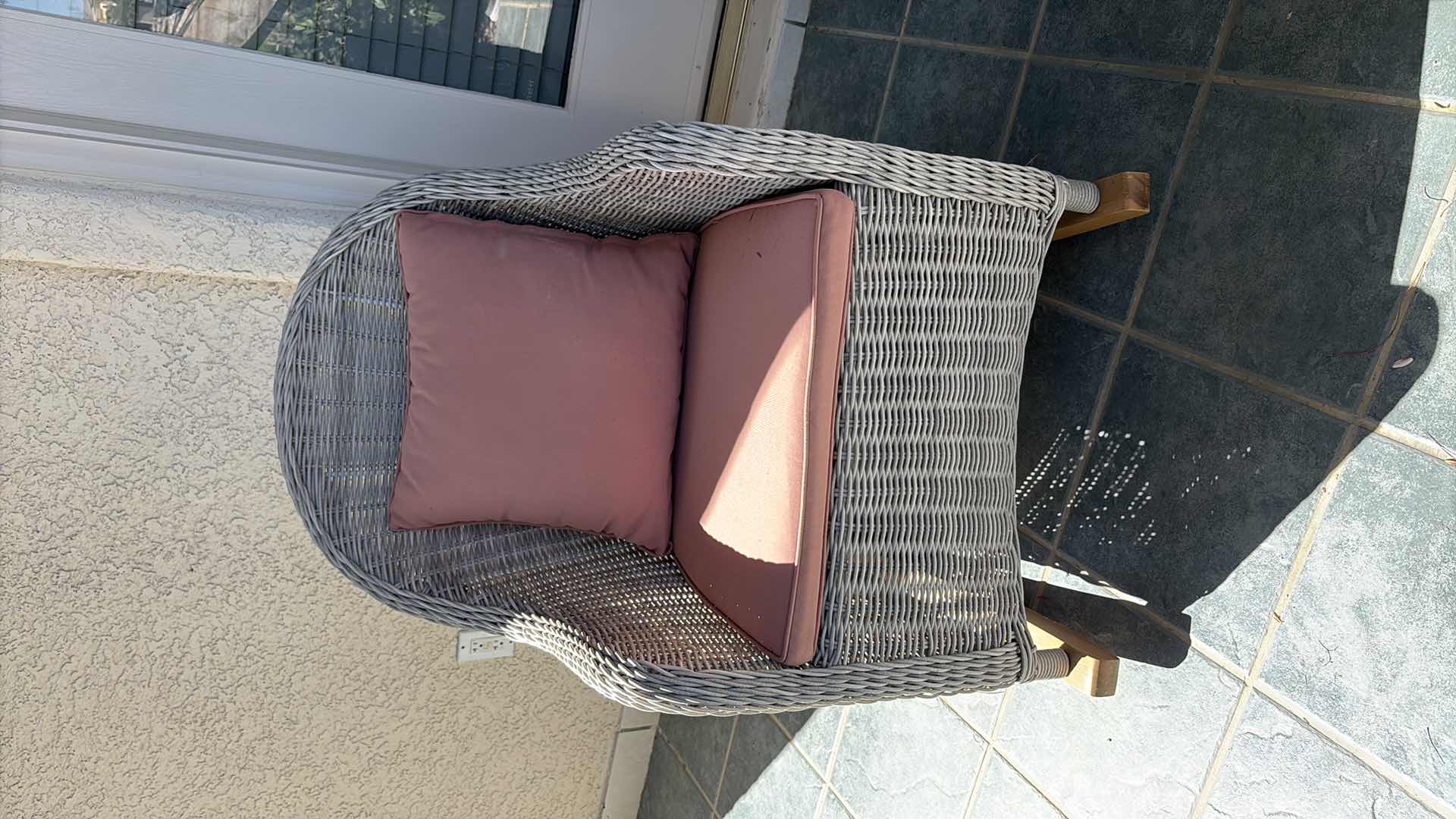 Photo 1 of ALL-WEATHER RESIN WICKER PATIO ROCKING CHAIR WITH PINK SEAT AND BACK CUSHIONS SEAT H18” TOTAL H34”