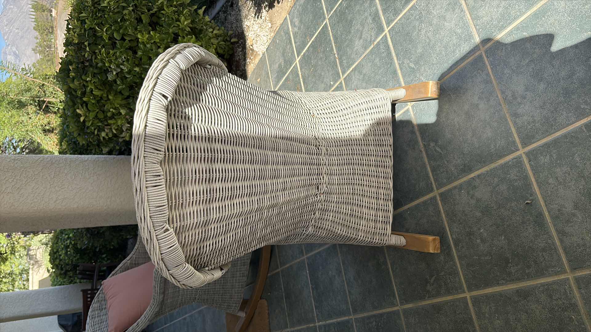 Photo 1 of ALL-WEATHER RESIN WICKER PATIO ROCKING CHAIR WITH PINK SEAT AND BACK CUSHIONS SEAT H18” TOTAL H34”