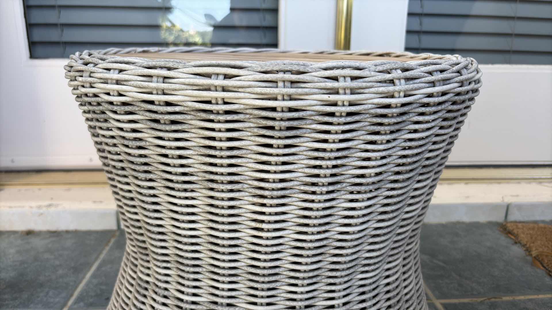 Photo 1 of ALL-WEATHER RESIN WICKER ROUND PATIO ACCENT TABLE WITH SLAT-TOP WOOD SURFACE H16.5”