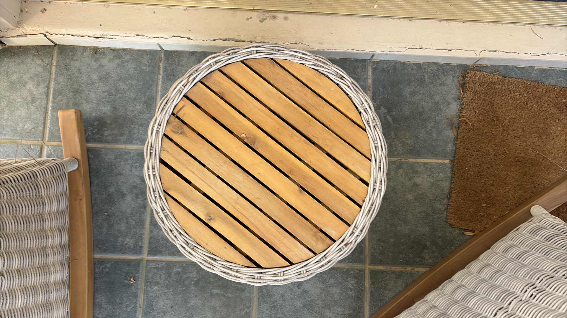 Photo 1 of ALL-WEATHER RESIN WICKER ROUND PATIO ACCENT TABLE WITH SLAT-TOP WOOD SURFACE H16.5”