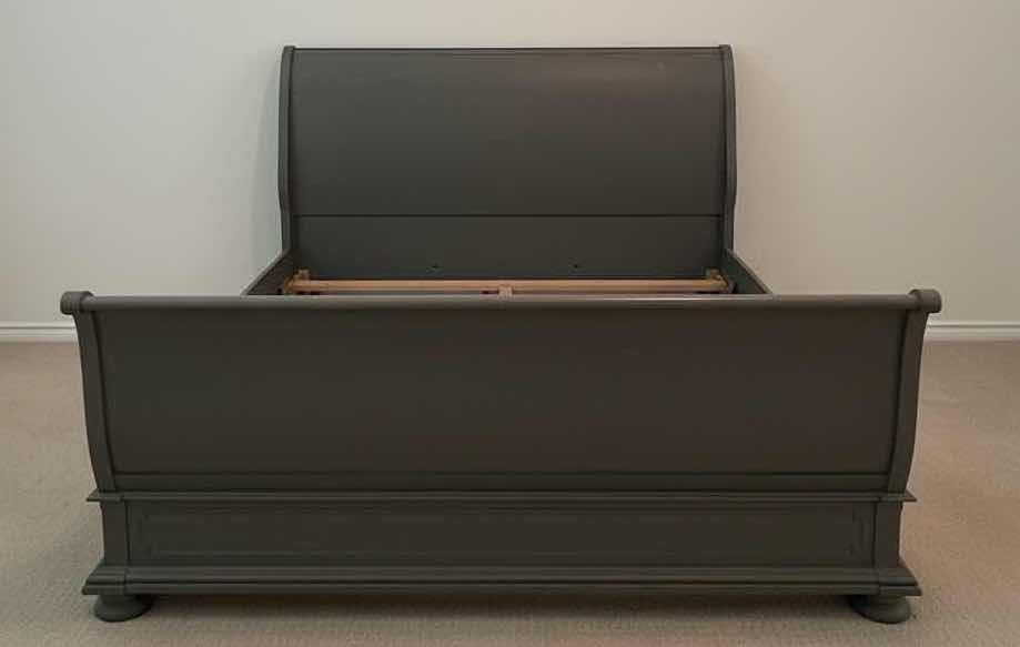 Photo 1 of RESTORATION HARDWARE GRAY WOOD SLEIGH BED FRAME WITH MATCHING HEADBOARD AND FOOTBOARD CLASSIC FOOTBOARD 89”X80.5”H54”