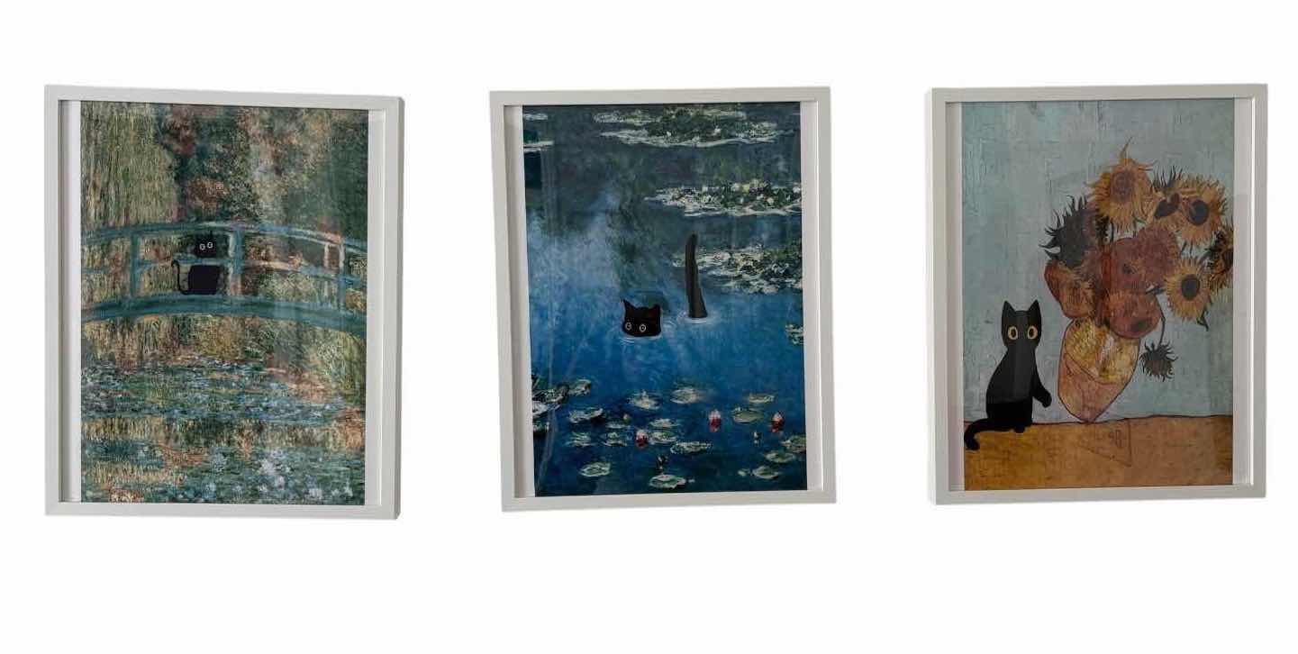 Photo 1 of (3)PCS FRAMED IMPRESSIONIST-STYLE CAT ART PRINTS IN WHITE FRAMES FEATURING MONET AND VAN GOGH INSPIRED DESIGNS 17”X21”