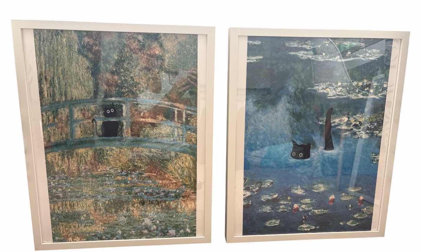 Photo 1 of (3)PCS FRAMED IMPRESSIONIST-STYLE CAT ART PRINTS IN WHITE FRAMES FEATURING MONET AND VAN GOGH INSPIRED DESIGNS 17”X21”