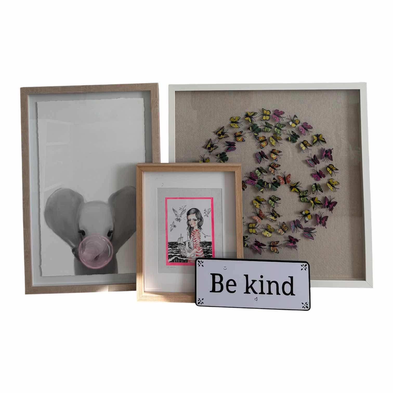 Photo 1 of BUTTERFLY PEACE SIGN, ELEPHANT BLOWING BUBBLE & OTHER WALL DECOR, TALLEST H24”